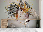 Abstract Horse Feather Headdress Watercolor Contemporary Wallpaper contemporary street art wall mural for creative room or fe