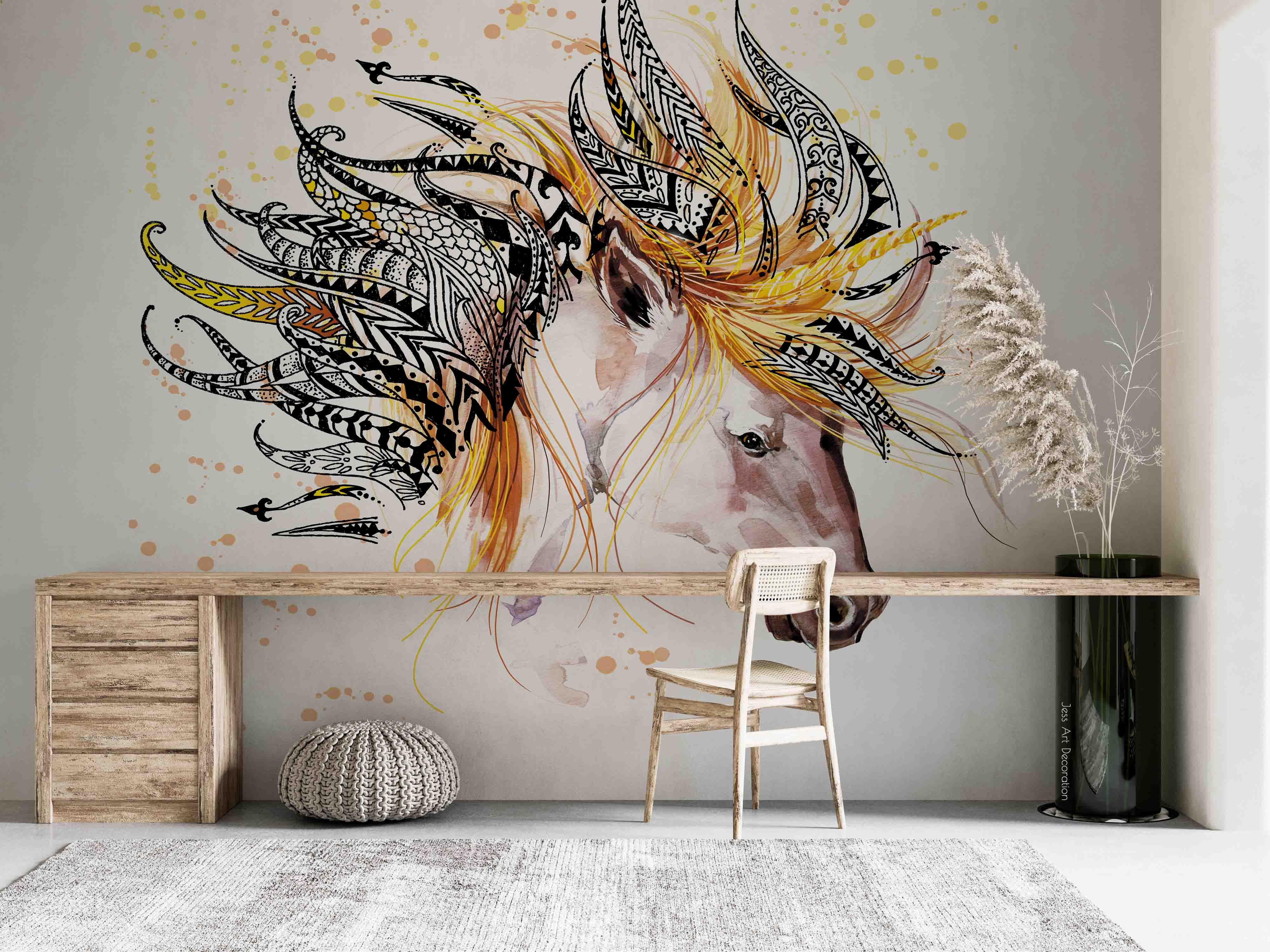 Abstract Horse Feather Headdress Watercolor Contemporary Wallpaper contemporary street art wall mural for creative room or fe