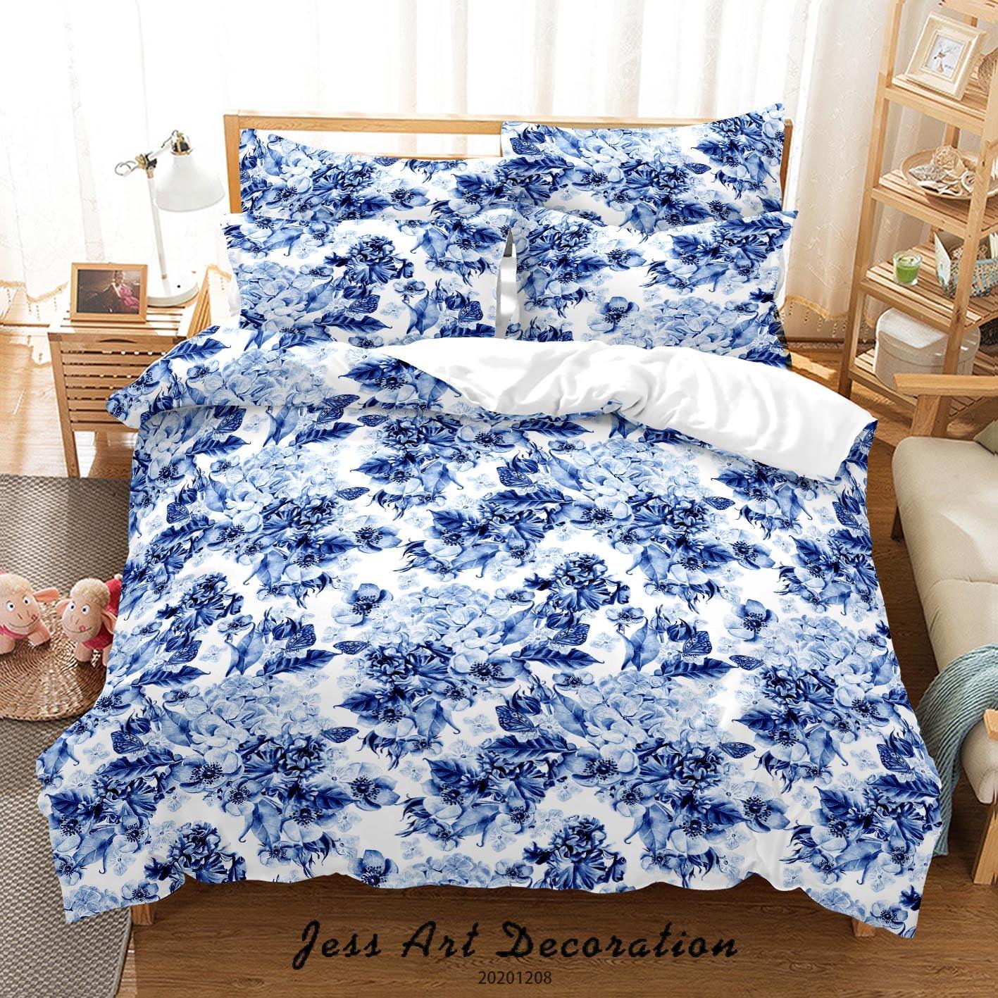 3D Hand Drawn Blue Floral Leaves Plant Quilt Cover Set Bedding Set Duvet Cover Pillowcases LXL- Jess Art Decoration