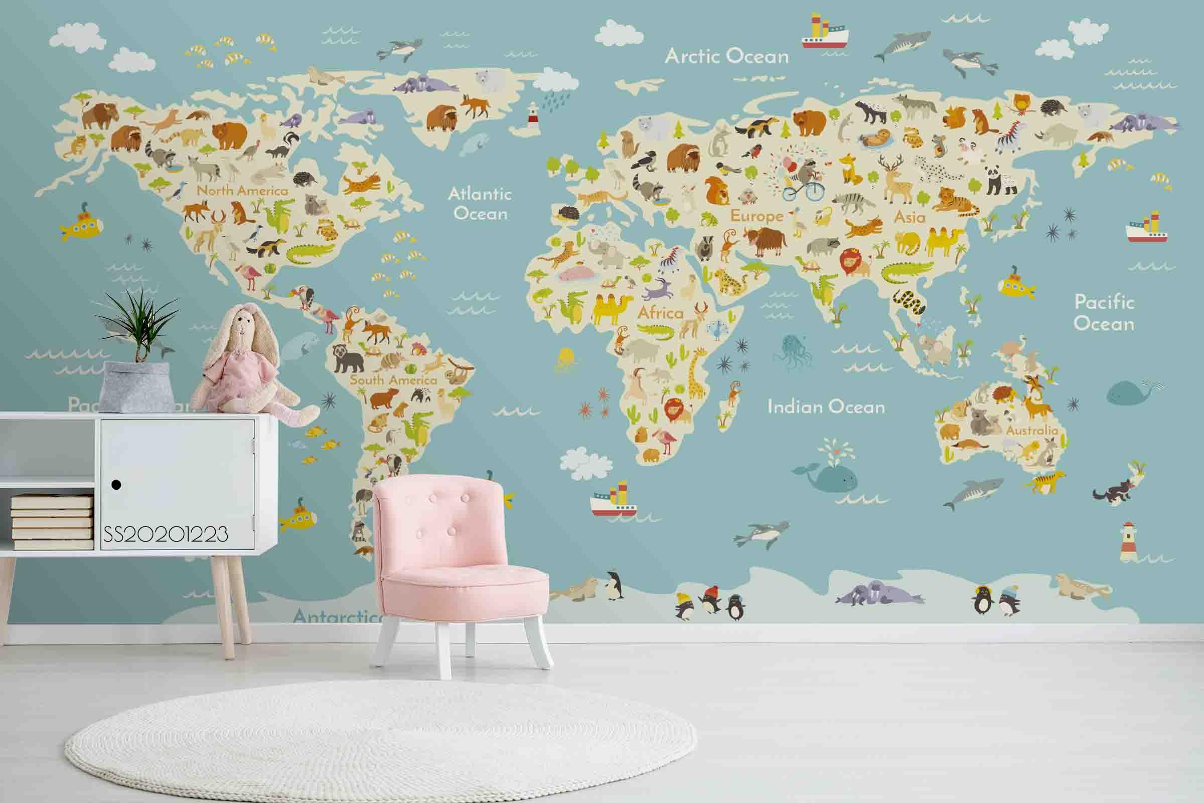 3D Cartoon World Map Wall Mural Wallpaper LQH 148- Jess Art Decoration