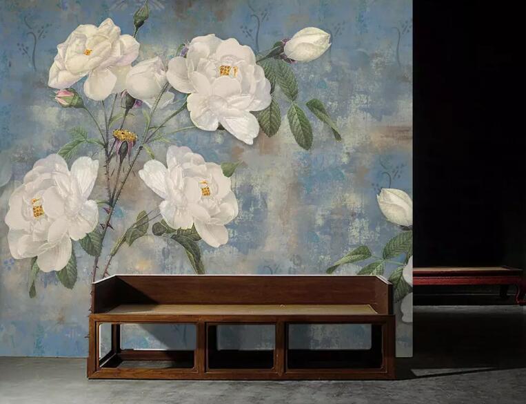 3D Oil Painting White Floral Wall Mural Removable 104- Jess Art Decoration