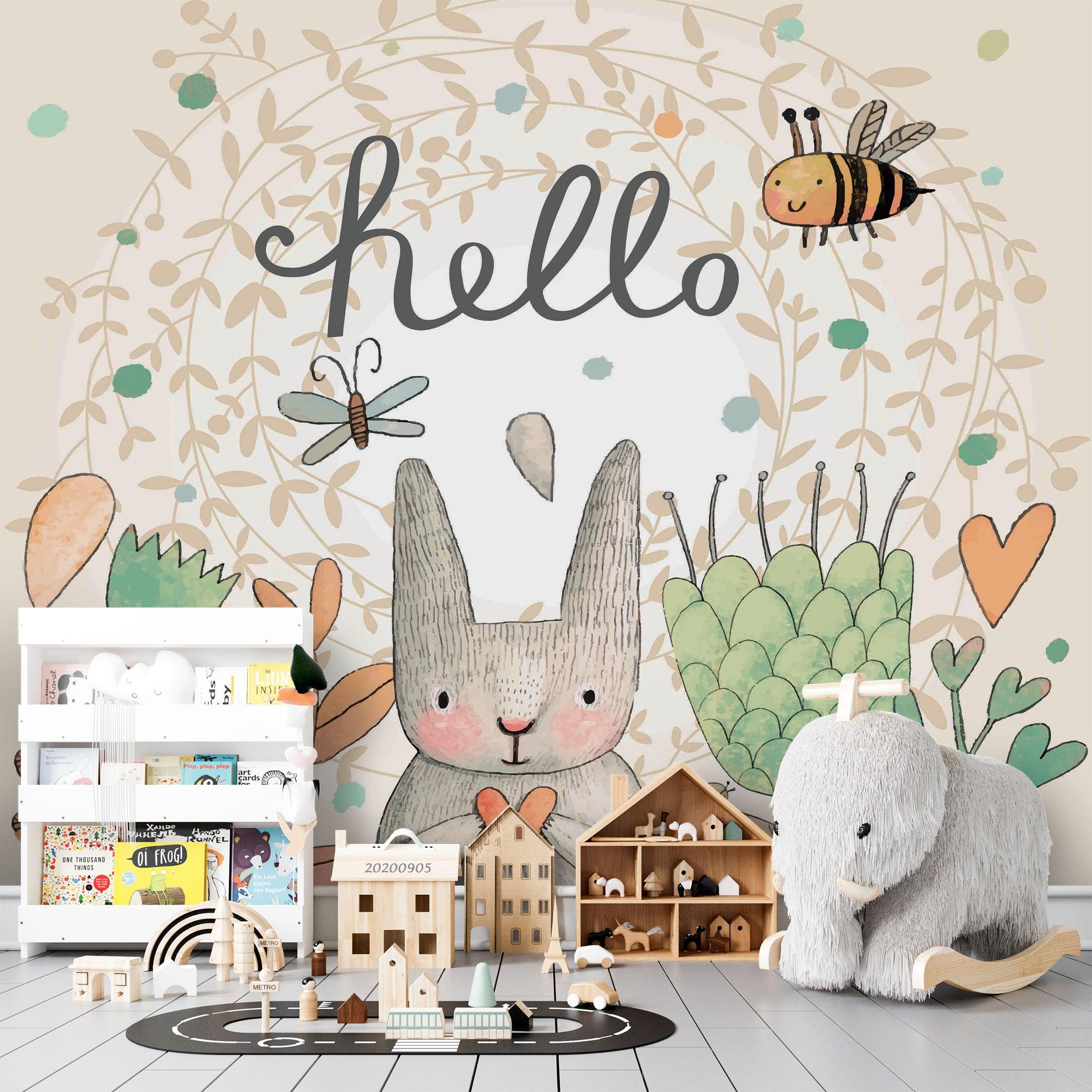 3D Hand Drawn Fresh Cartoon Rabbit Bee Butterfly Plant Wall Mural Wallpaper GD 1958- Jess Art Decoration