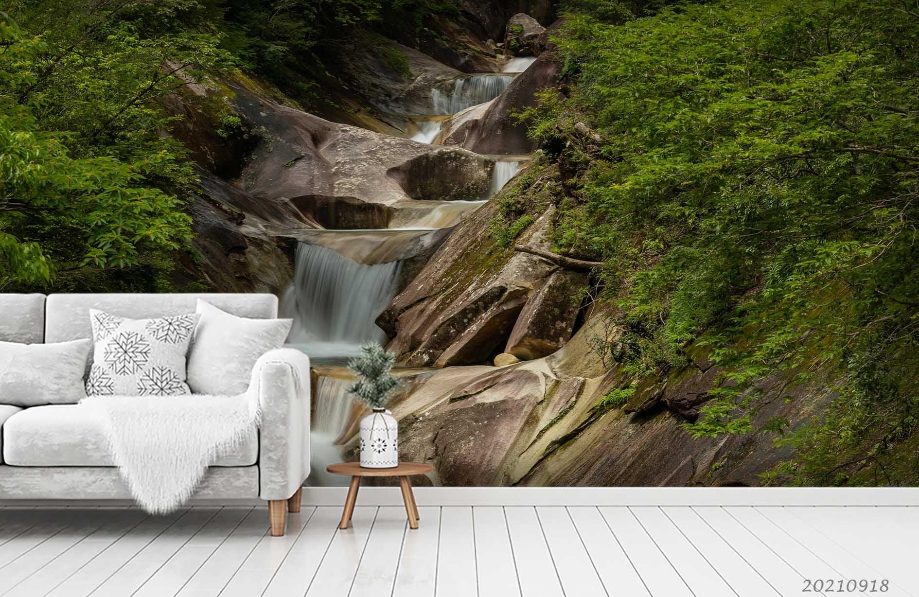 3D Green Forest Rock River Landscape Wall Mural Wallpaper LQH 513- Jess Art Decoration