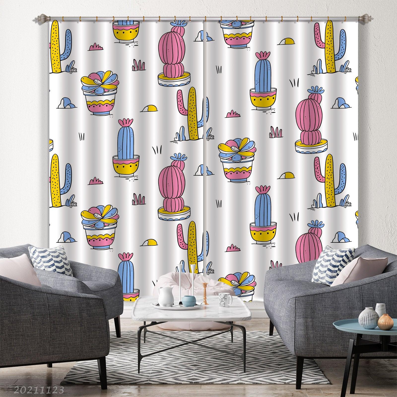 3D Hand Drawn Cactus Potted Plant Curtains and Drapes LQH 74- Jess Art Decoration