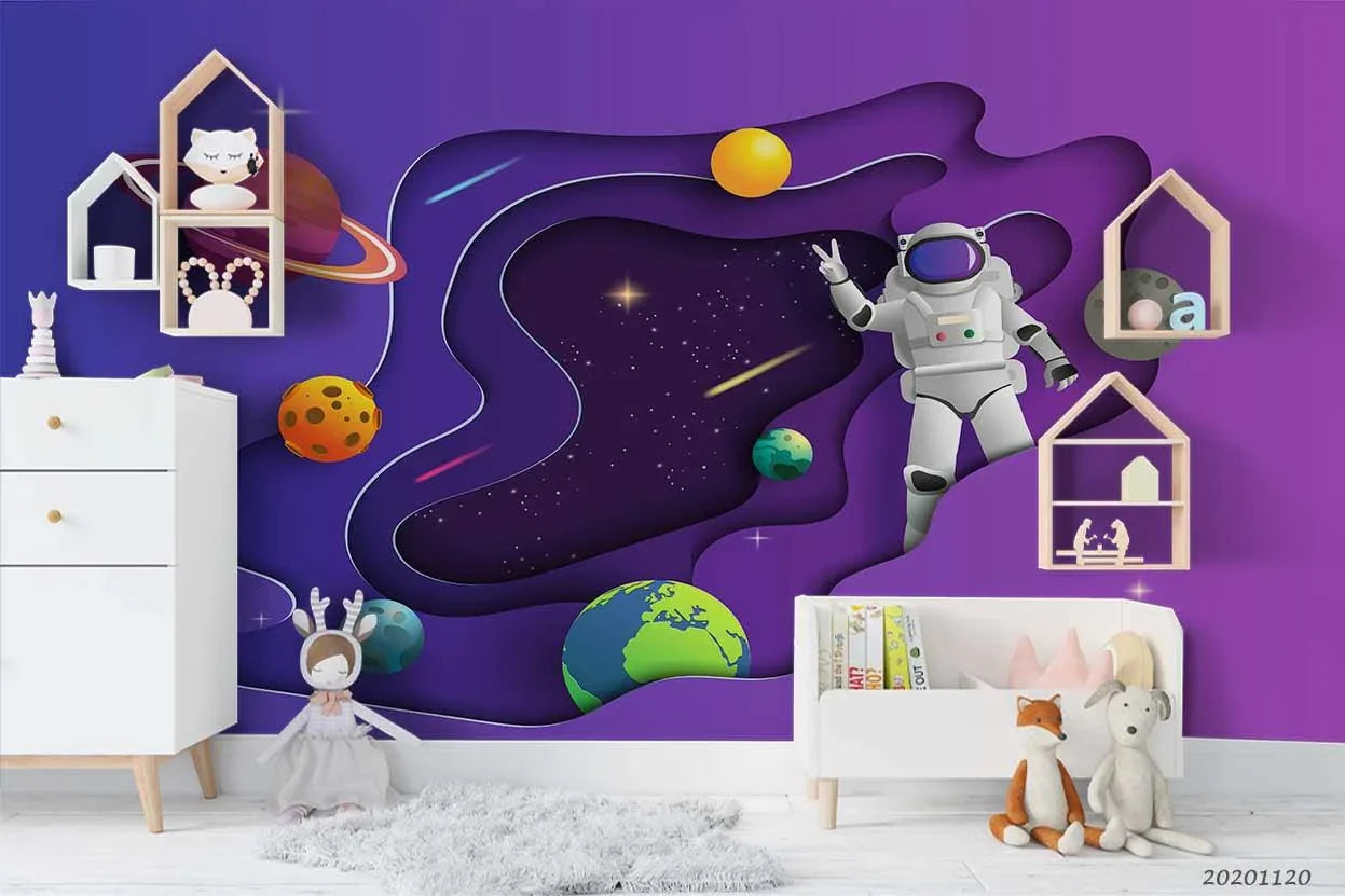 3D Purple Space Planet Astronaut Wall Mural Wallpaper LQH 277- Jess Art Decoration