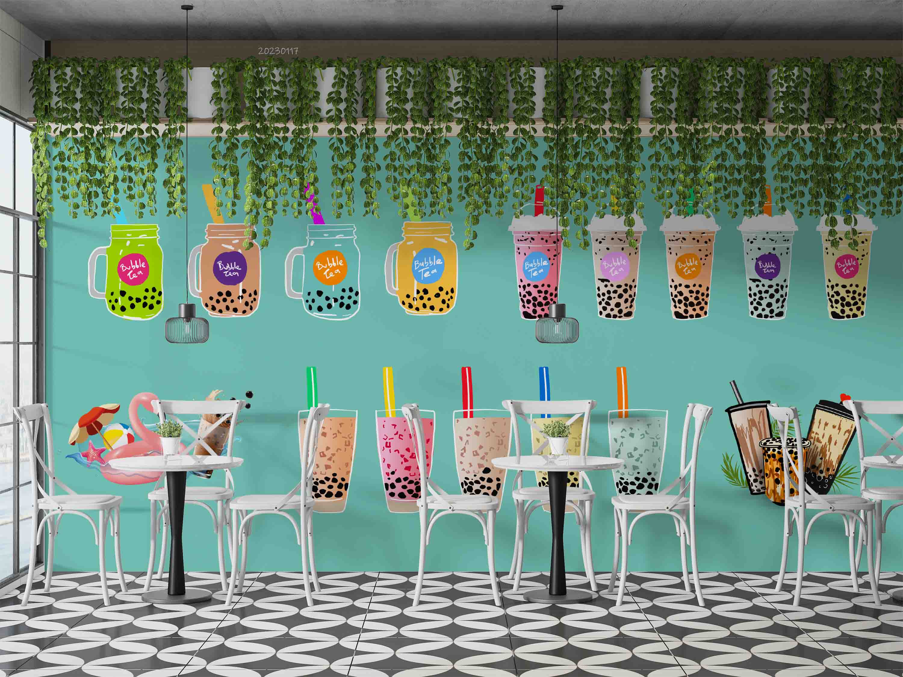 3D Green Background Bubble Tea Pearl Tea Milk Tea Shop Wall Mural Wallpaper JN 20- Jess Art Decoration