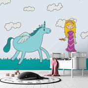3D Cartoon Girl Feeding Green Unicorn Wall Mural Wallpaper LXL 169- Jess Art Decoration