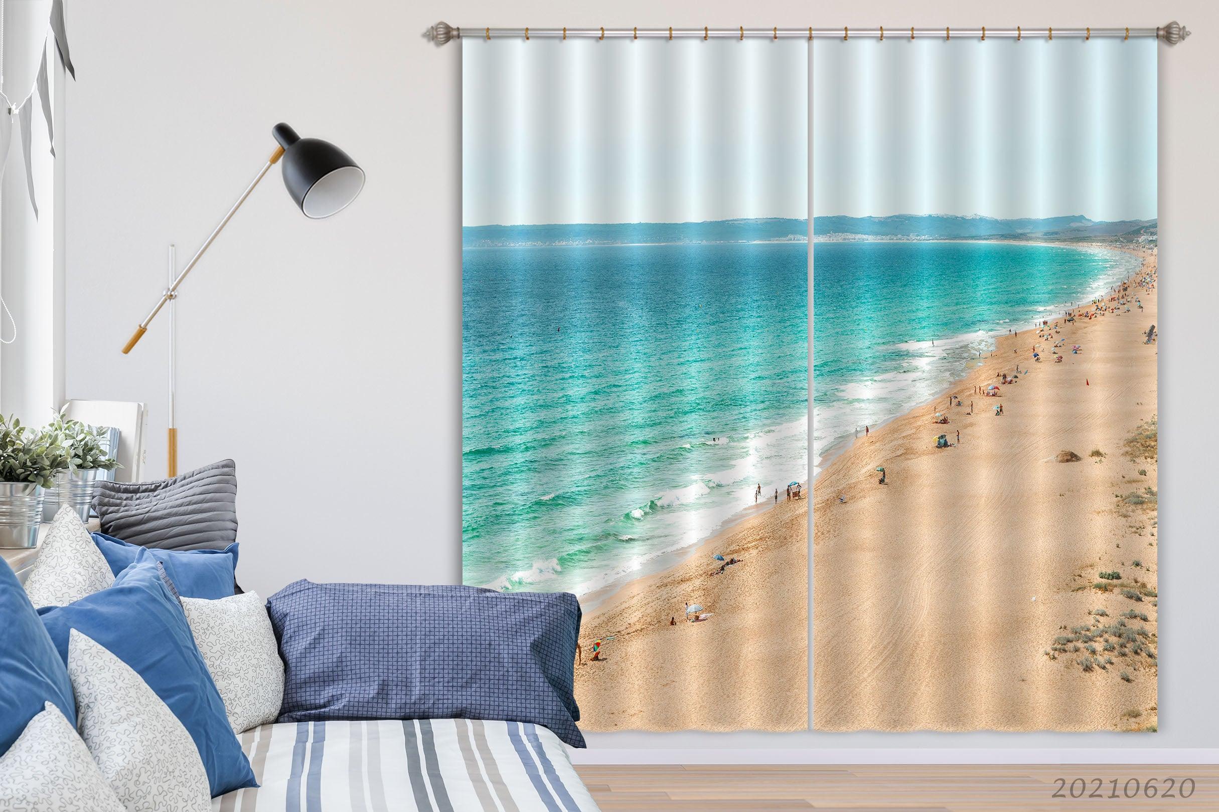 3D Beach Green Sea Tourist View Curtains and Drapes GD 889- Jess Art Decoration
