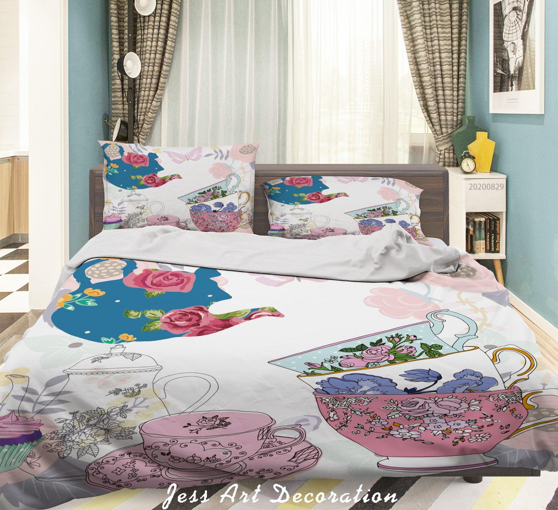 3D Abstract Hand Draw Cartoon Teapot Teacup Pattern Quilt Cover Set Bedding Set Duvet Cover Pillowcases WJ 3584- Jess Art Decoration