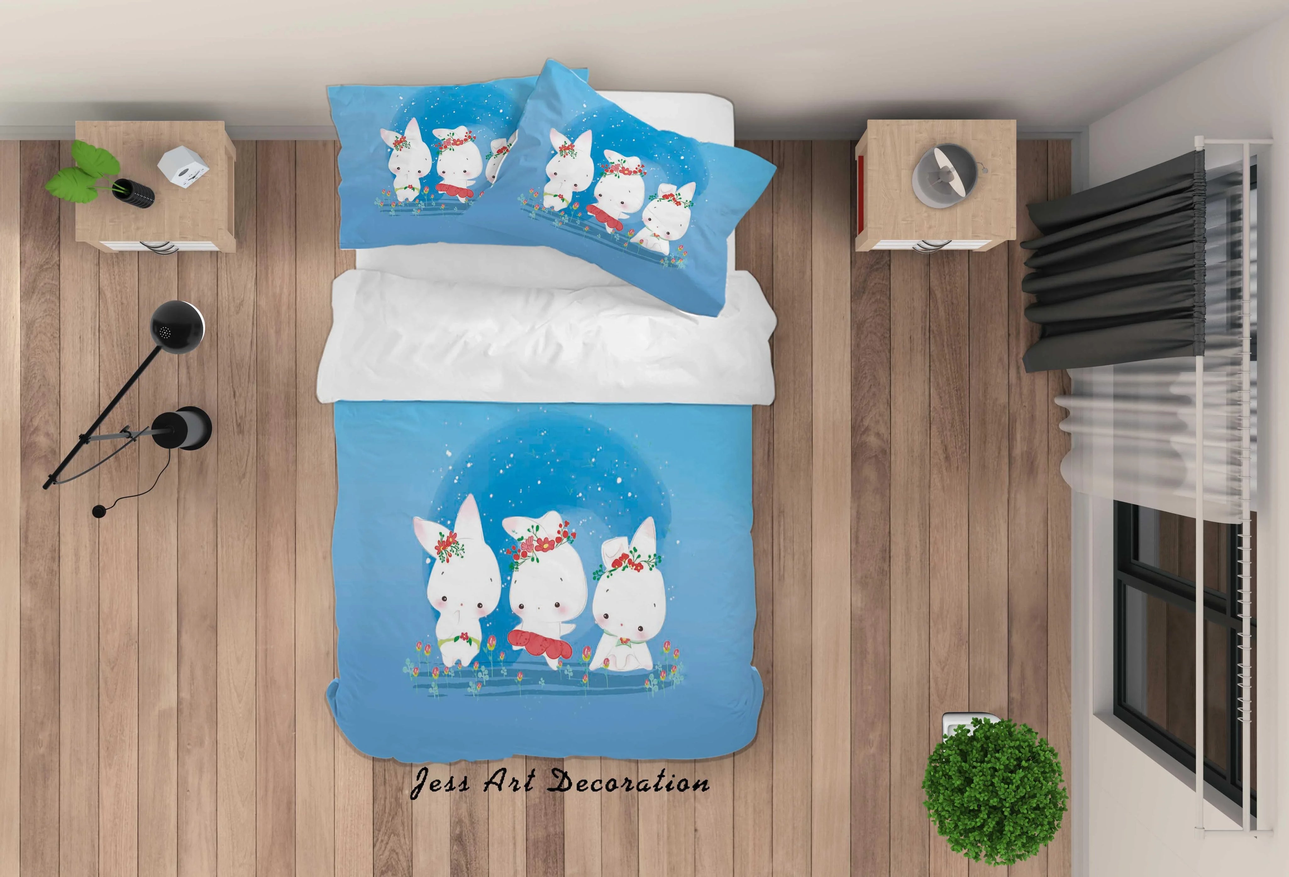 3D Blue Rabbit Floral Quilt Cover Set Bedding Set Duvet Cover Pillowcases SF94- Jess Art Decoration