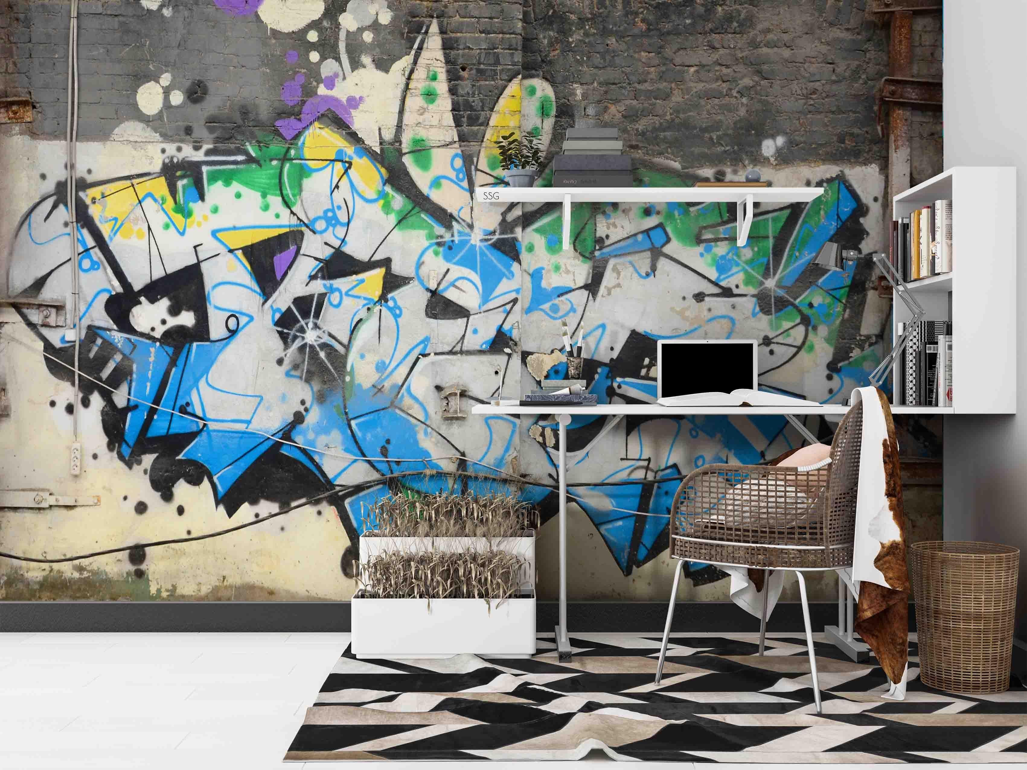 Brick Graffiti Wallpaper urban graffiti wall mural for teen room, studio or feature wall - view 2