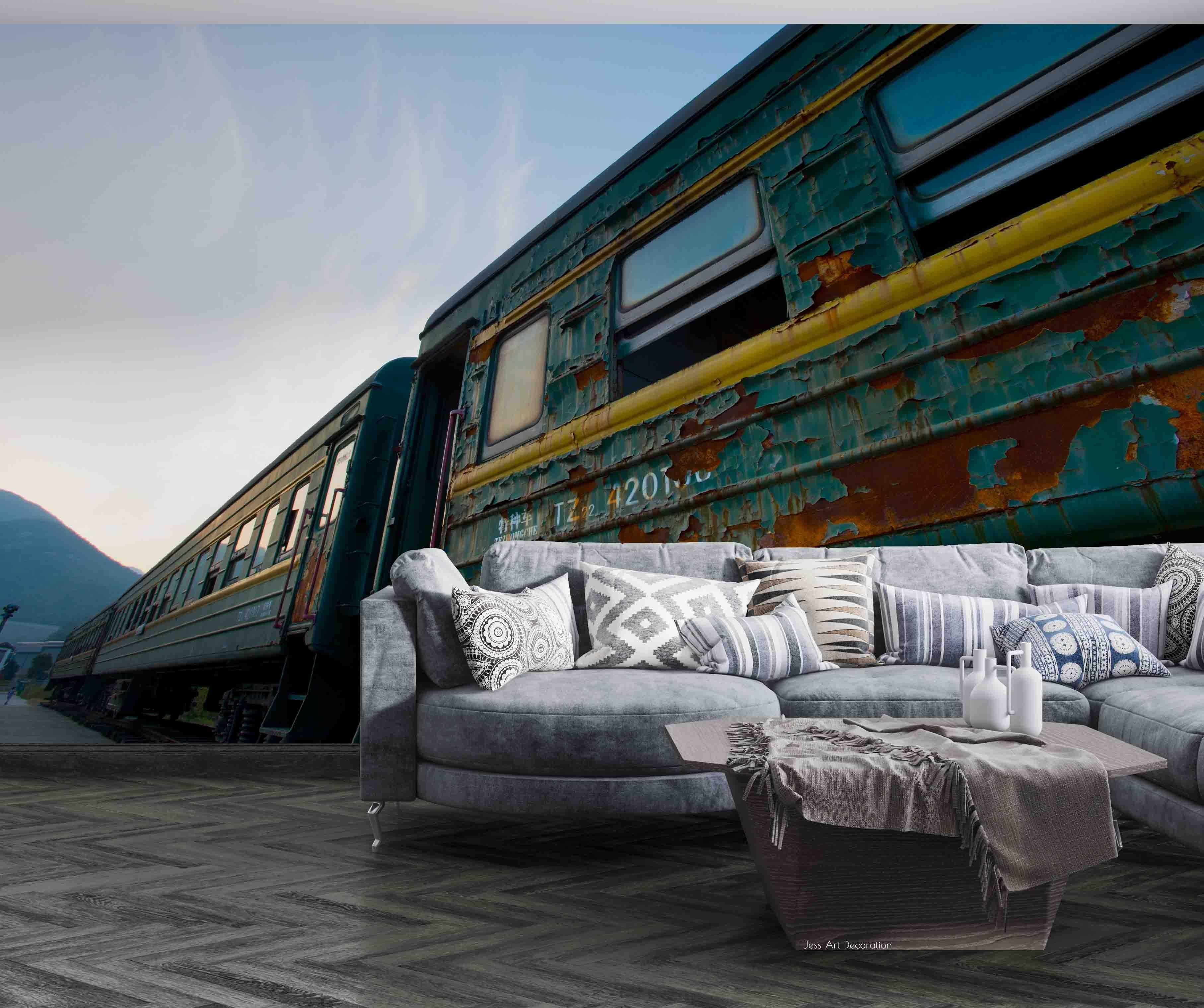 3D Green Shabby Tin Train Wall Mural Wallpaper GD 2477- Jess Art Decoration