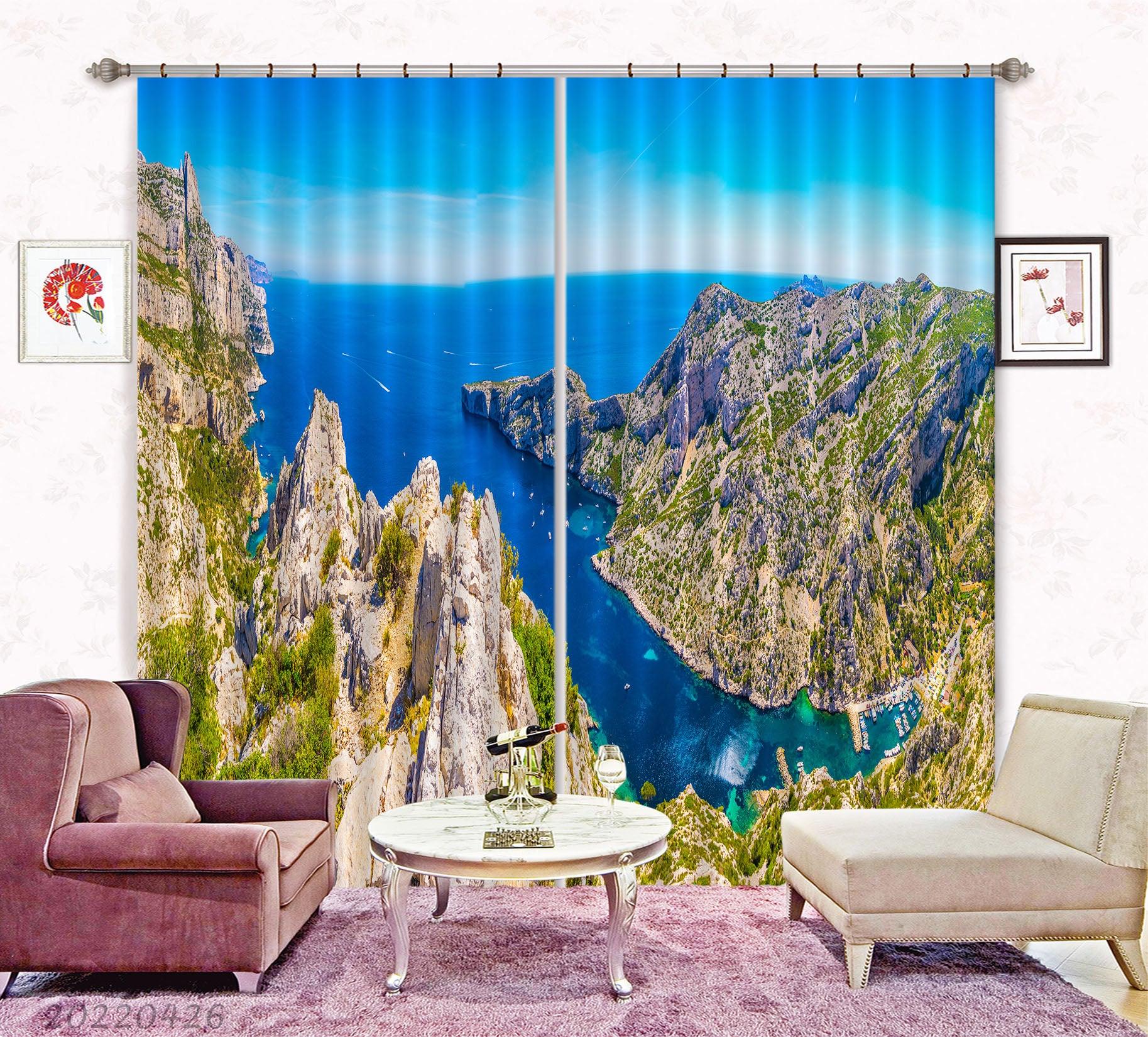 3D Landscape Mountain Peak Blue Sea Curtains and Drapes GD 4882- Jess Art Decoration