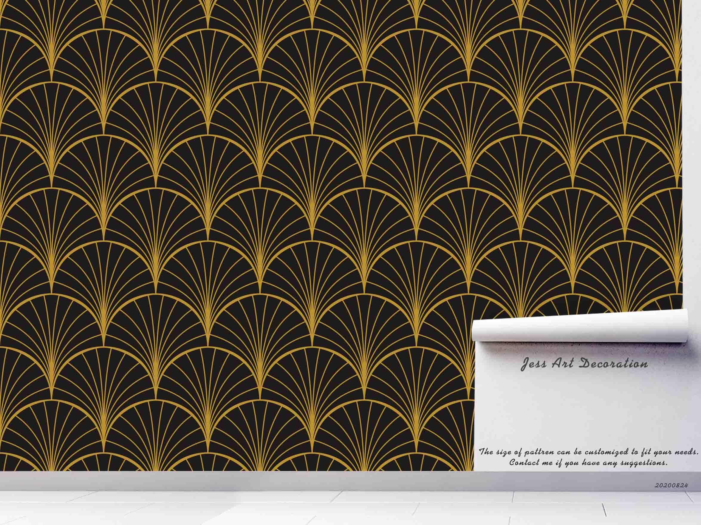 3D Black Golden Fan Geometry art deco fan geometric pattern wall mural wallpaper for dining room - view 5