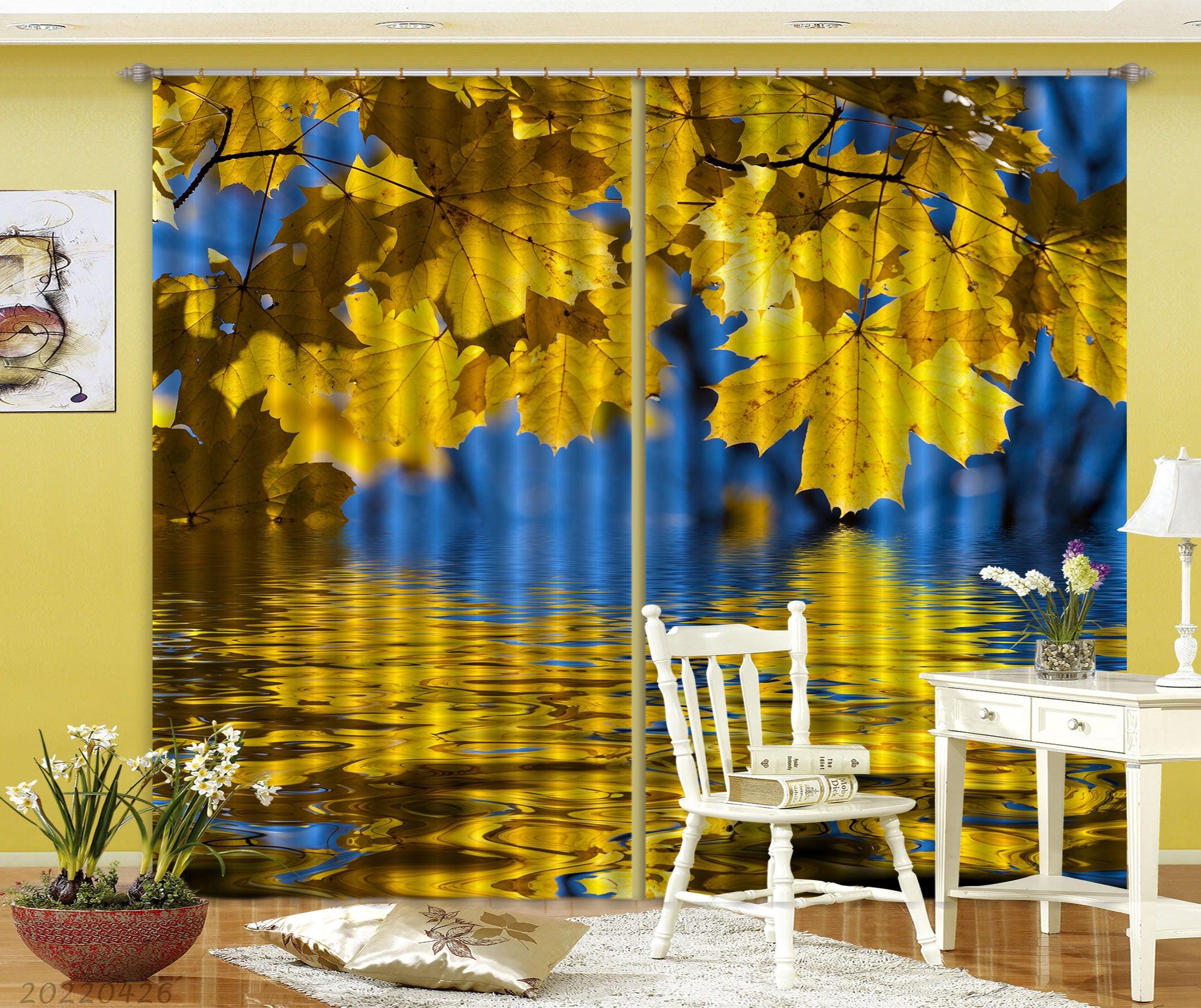 3D Yellow Leaf Water Surface Reflection Curtains and Drapes GD 4952- Jess Art Decoration