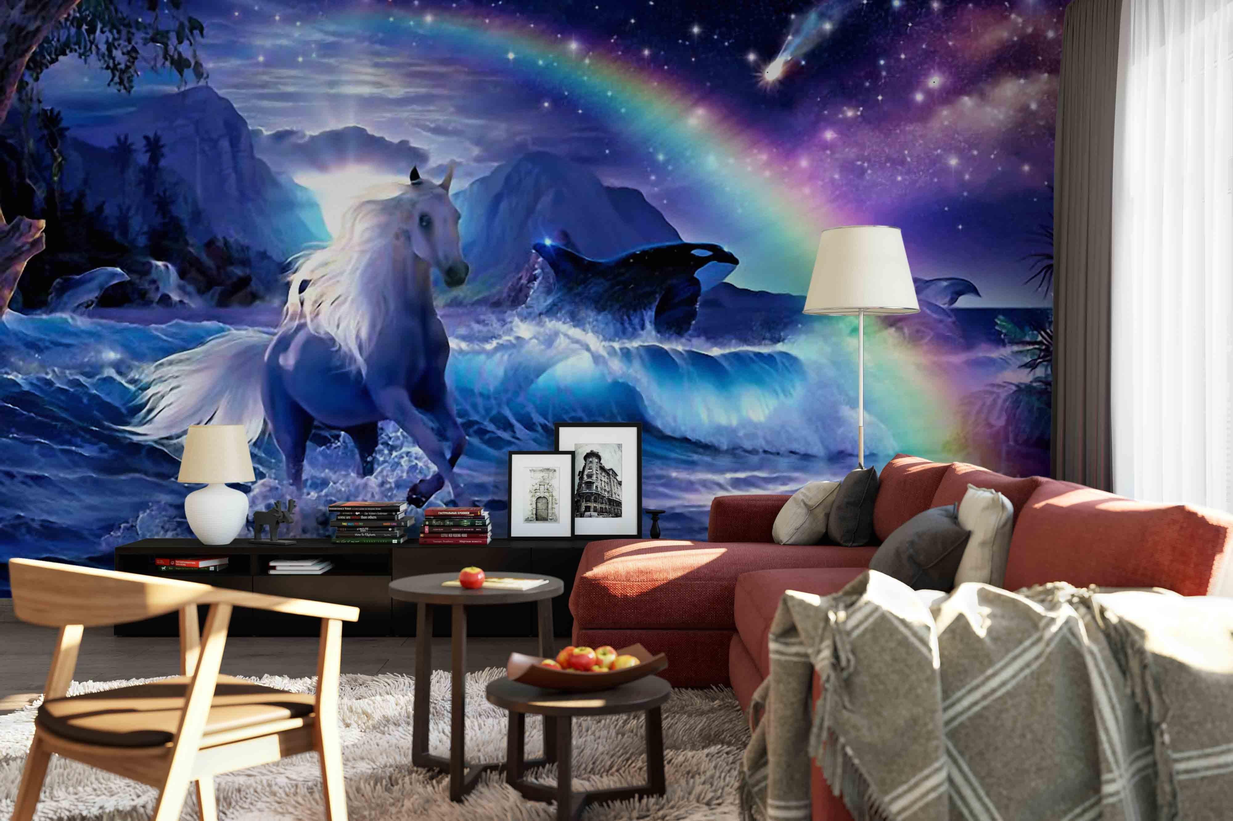 3D Horse River Rainbow Wall Mural Wallpaper 69- Jess Art Decoration