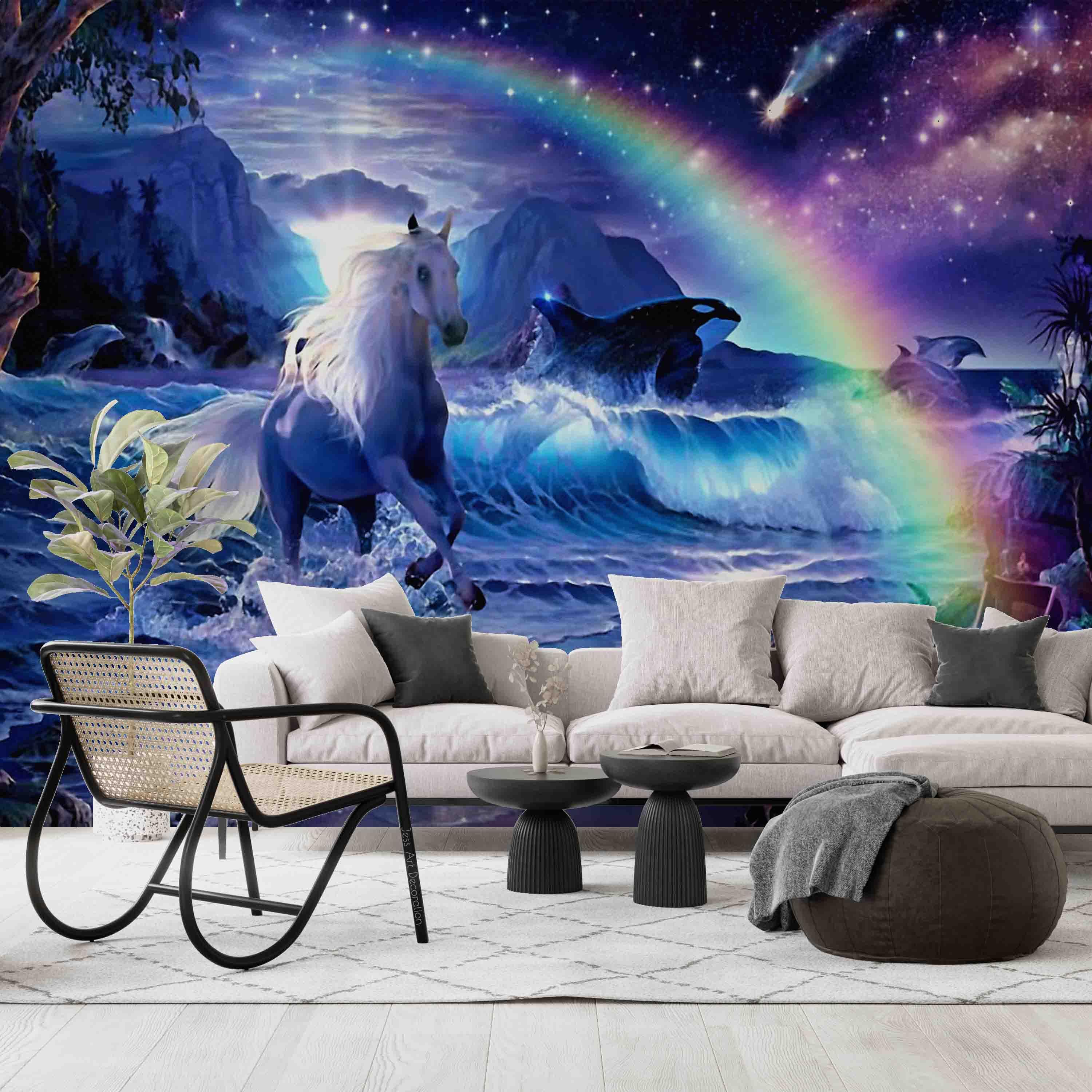 3D Fantasy Blue Stars Horse Rainbow Mountain Wave Wall Mural Wallpaper GD 3006- Jess Art Decoration