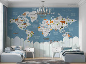 3D Blue World Map Animals Wall Mural Wallpaper LQH 536- Jess Art Decoration