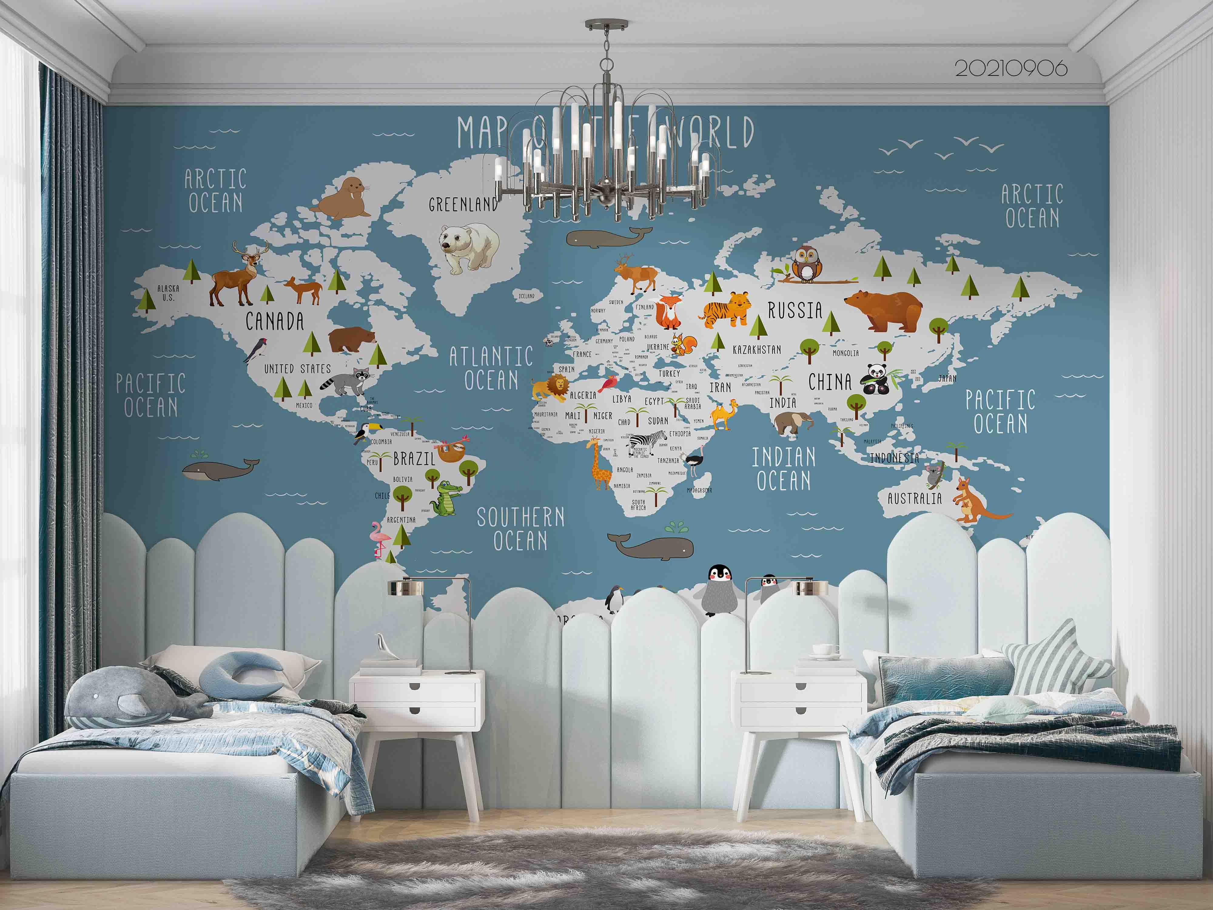 3D Blue World Map Animals Wall Mural Wallpaper LQH 536- Jess Art Decoration