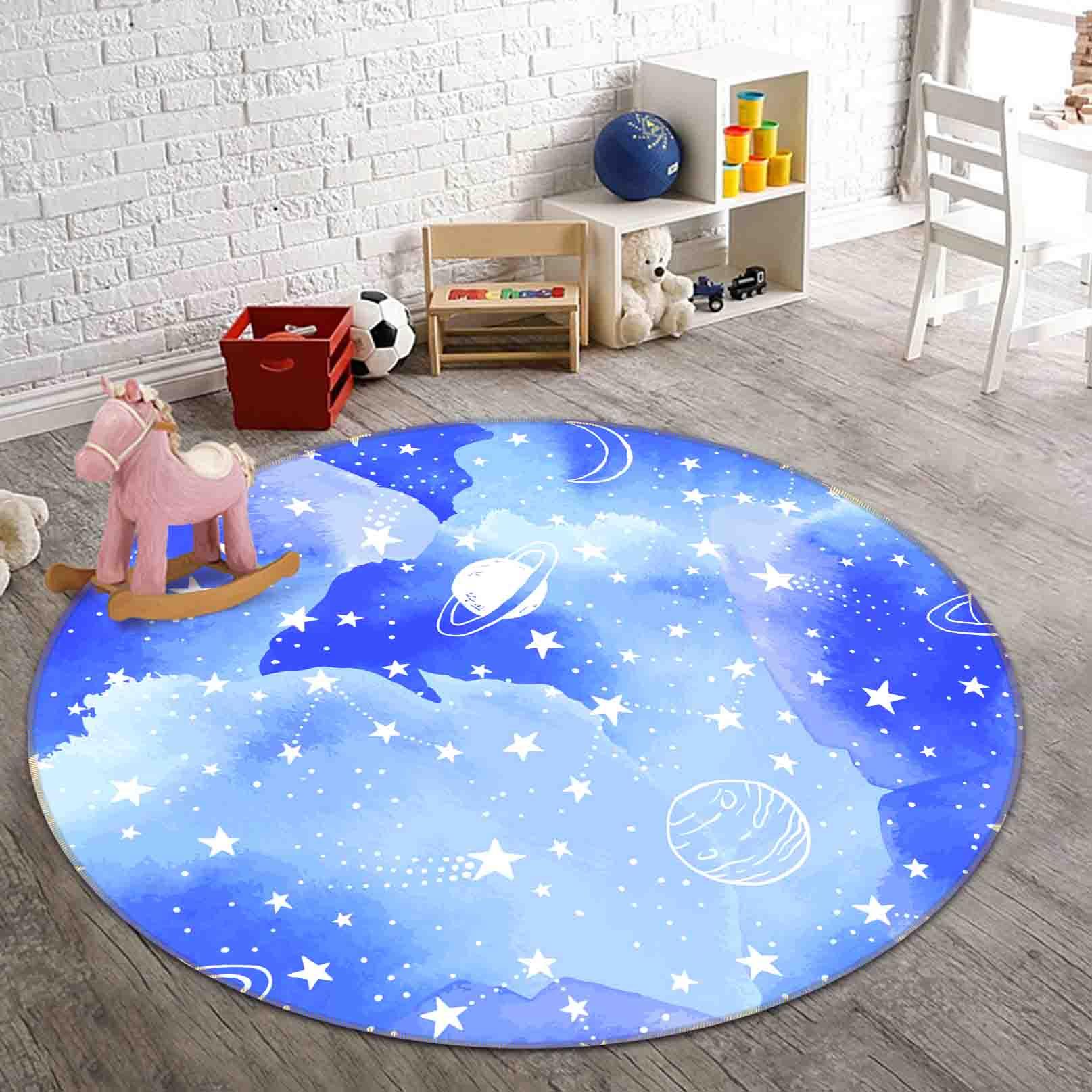 3D Cartoon Blue Starry Planet Kids Non-Slip Round Rug Mat 67- Jess Art Decoration