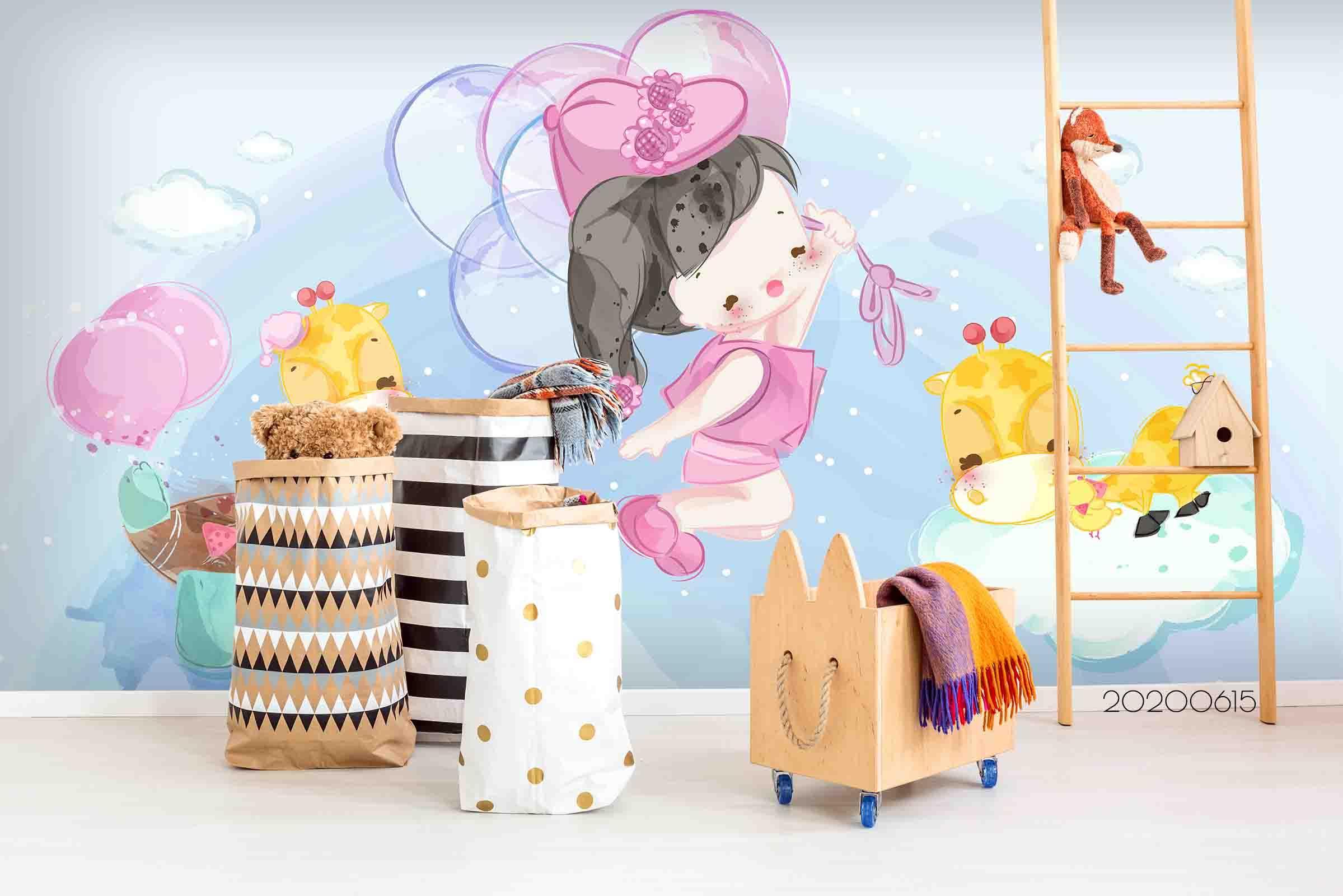 3D Cute Cartoon Girl Giraffe Wall Mural Wallpaper A026 LQH- Jess Art Decoration