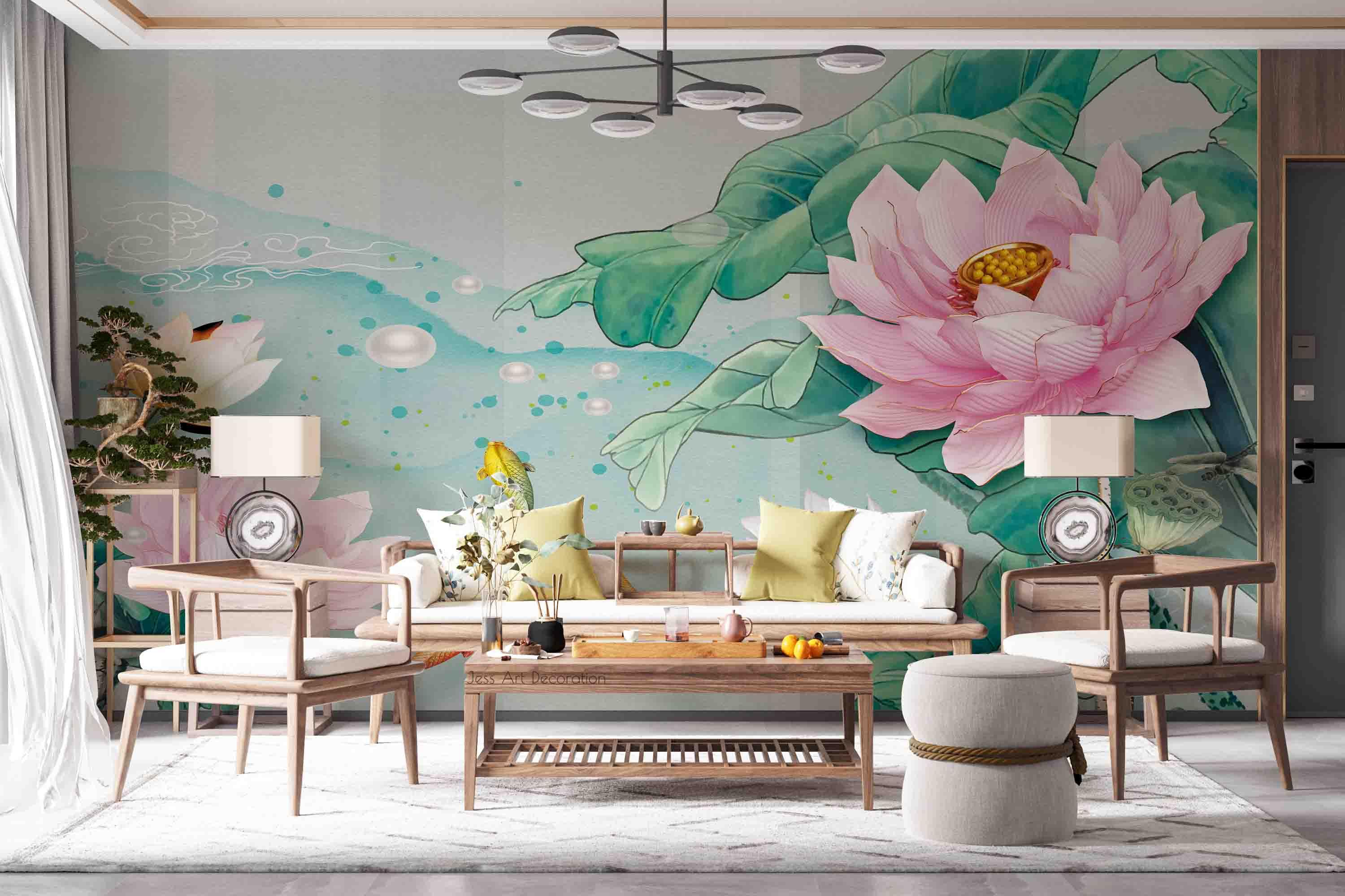 3D New Chinese Style Pink Lotus Leaf Pearl Gold Carp Wall Mural Wallpaper GD 2820- Jess Art Decoration