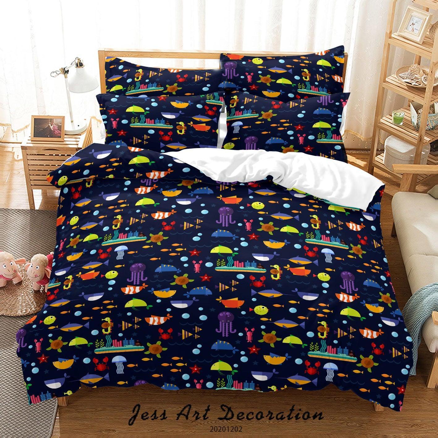 3D Hand Drawn Cartoon Colorful Sea Turtle Clownfish Whale Octopus Fish Pattern Quilt Cover Set Bedding Set Duvet Cover Pillowcases LXL- Jess Art Decoration