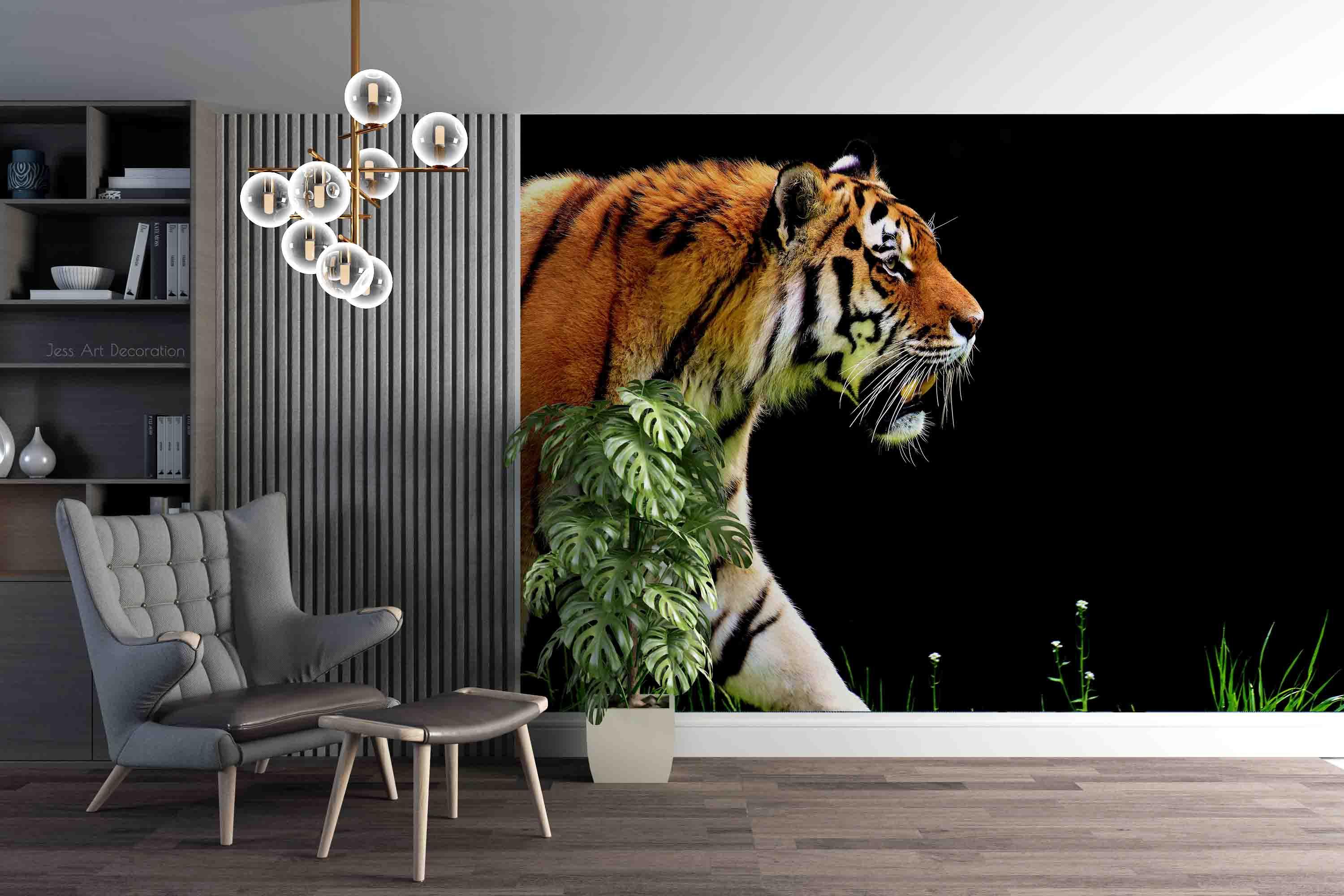 3D Golden Tiger Black Background Wall Mural Wallpaper GD 3099- Jess Art Decoration