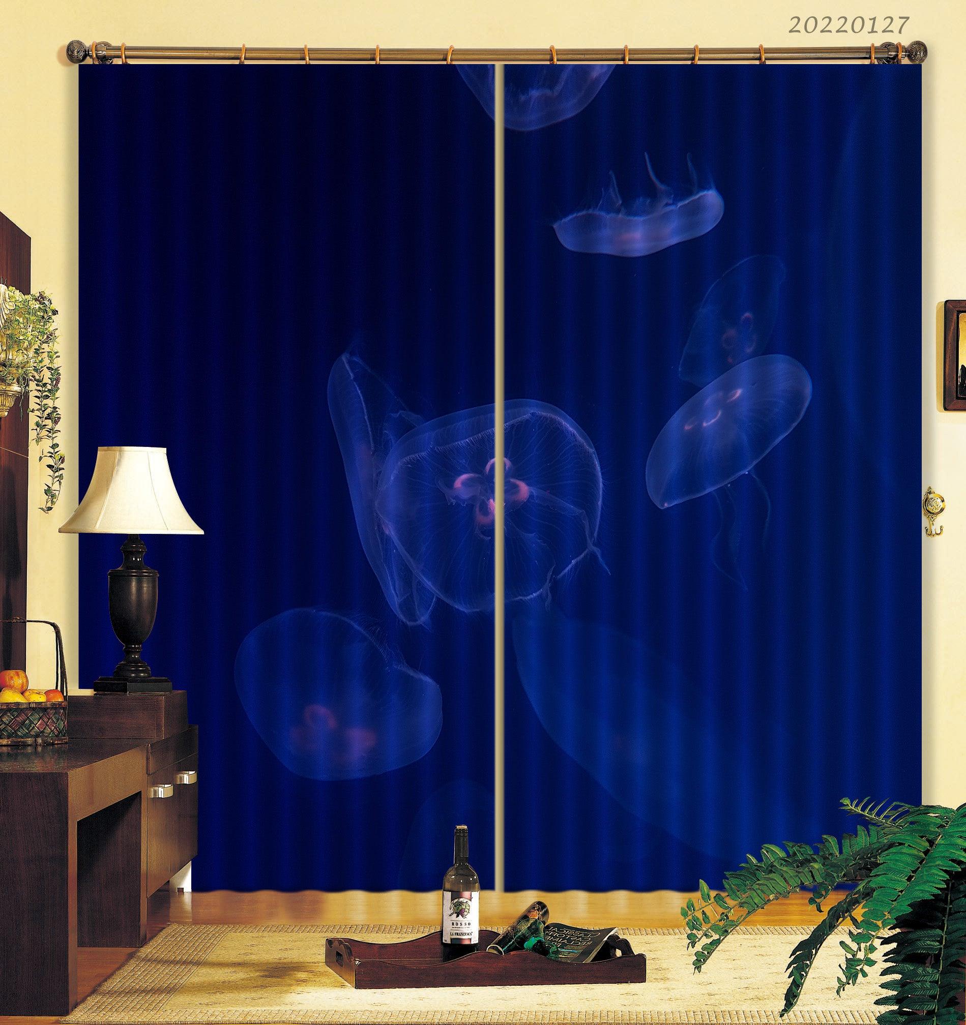 3D Blue Ocean Transparent Jellyfish Curtains and Drapes GD 1402- Jess Art Decoration