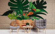 3D Graffiti Green Leave Flower Face Wall Mural Wallpaper ZY D58- Jess Art Decoration