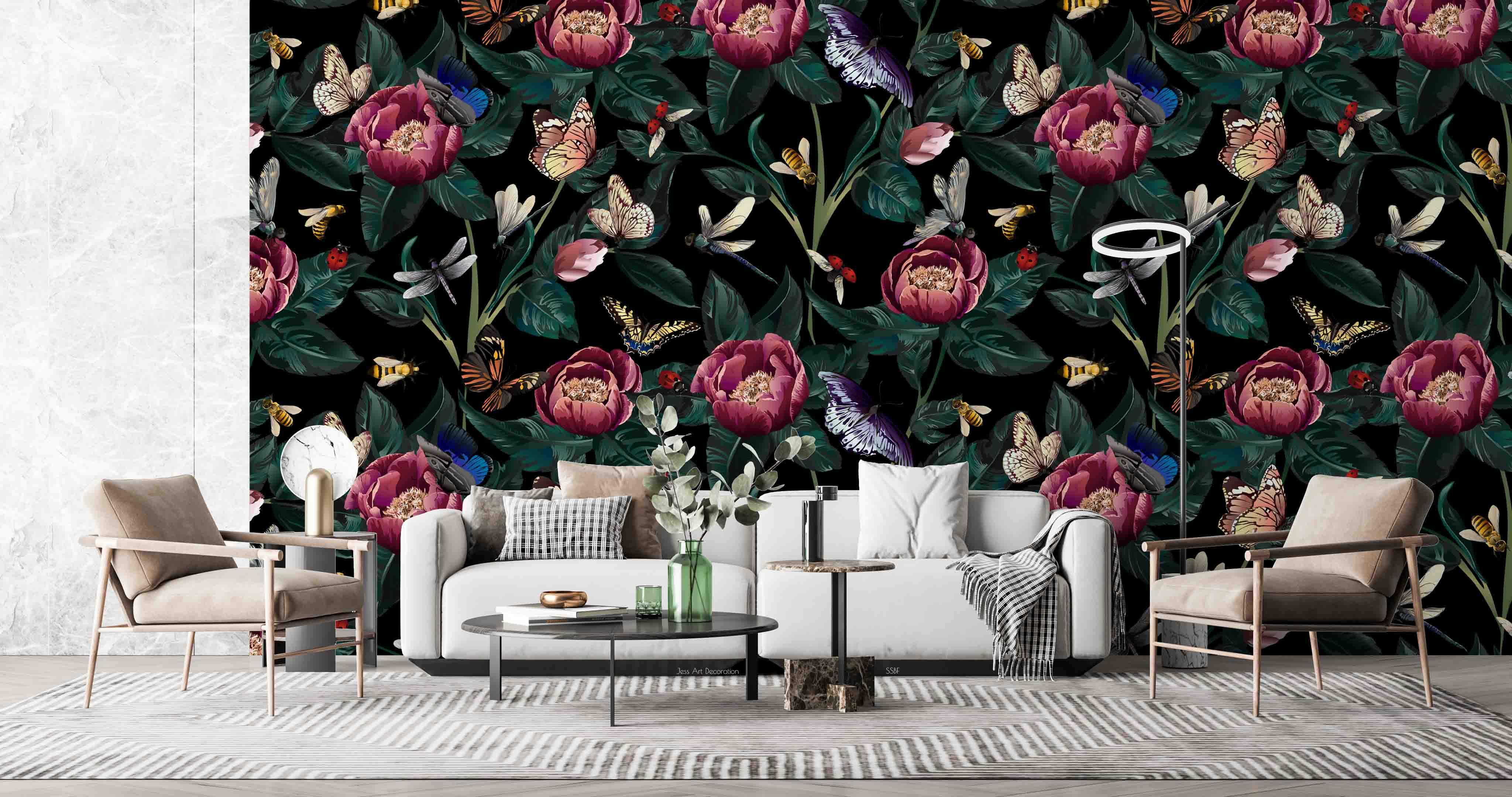3D Vintage Blooming Red Flowers Leaf Butterfly Bee Wall Mural Wallpaper GD 3529- Jess Art Decoration