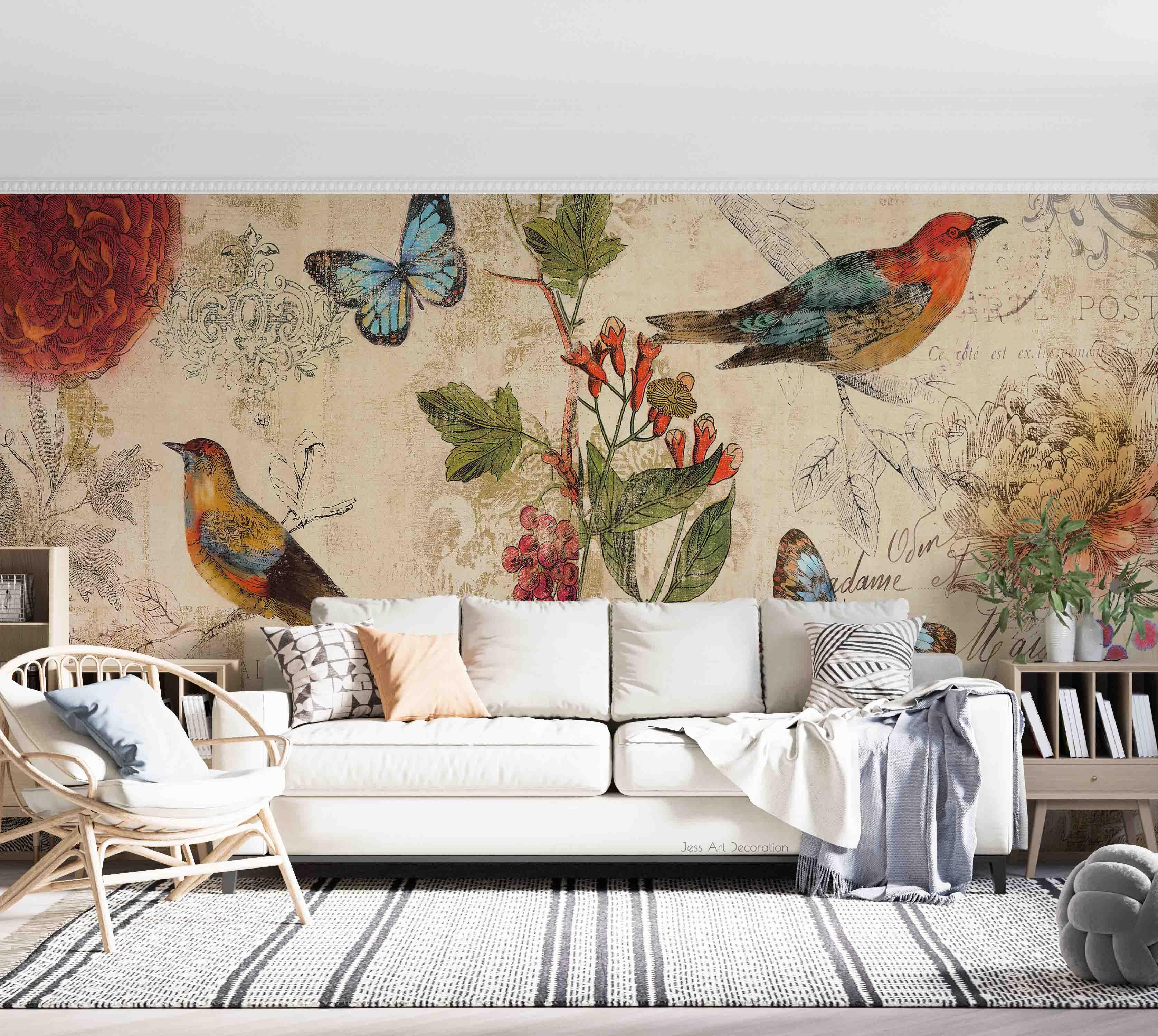 3D Vintage Bird Butterfly nostalgic bird butterfly mural wall mural wallpaper for living room - view 2