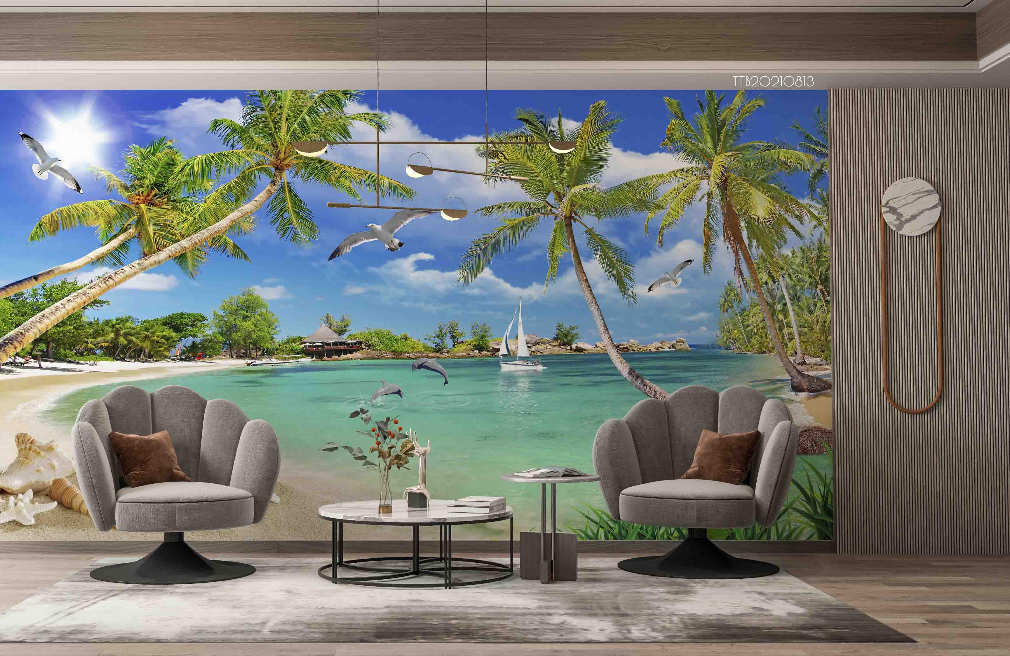 3D Tropics Coconut Trees Sea View Wall Mural Wallpaper 5119- Jess Art Decoration