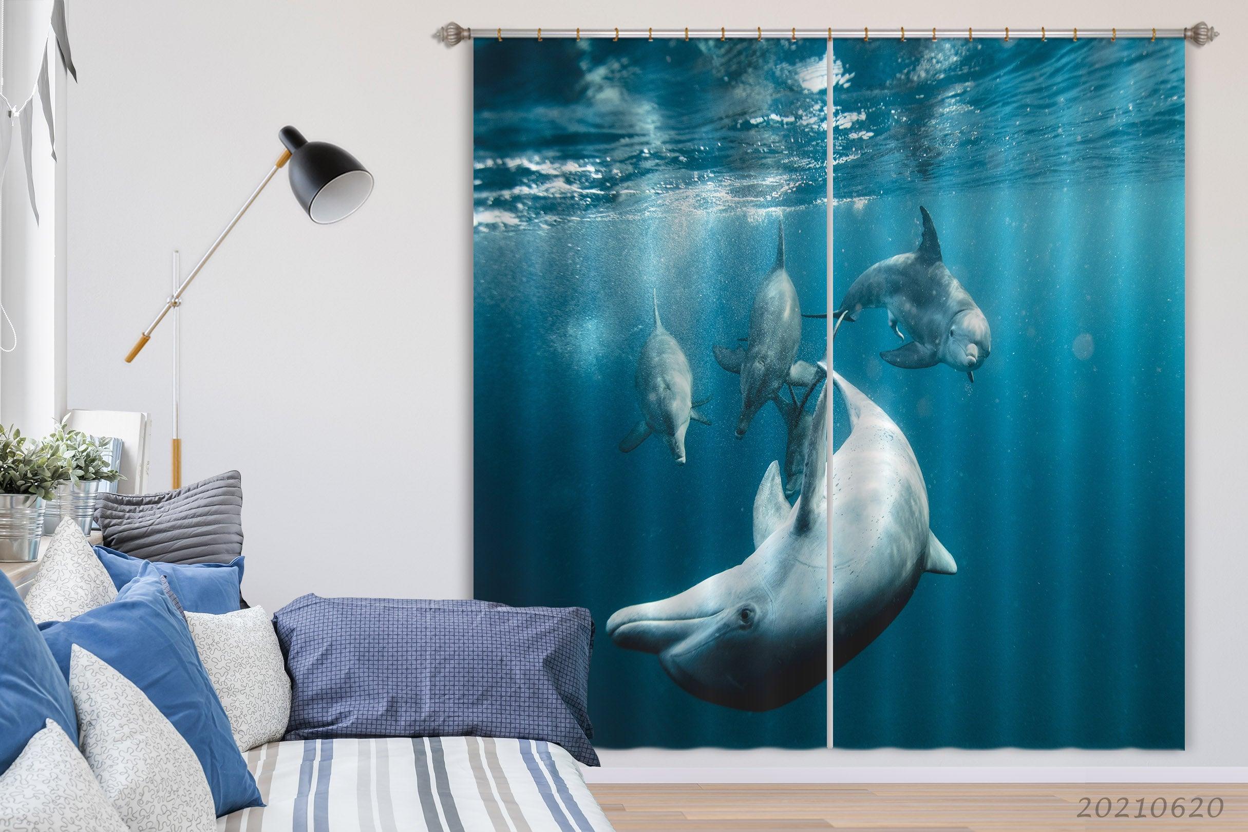 3D Blue Seabed Dolphin Pattern Curtains and Drapes GD 816- Jess Art Decoration