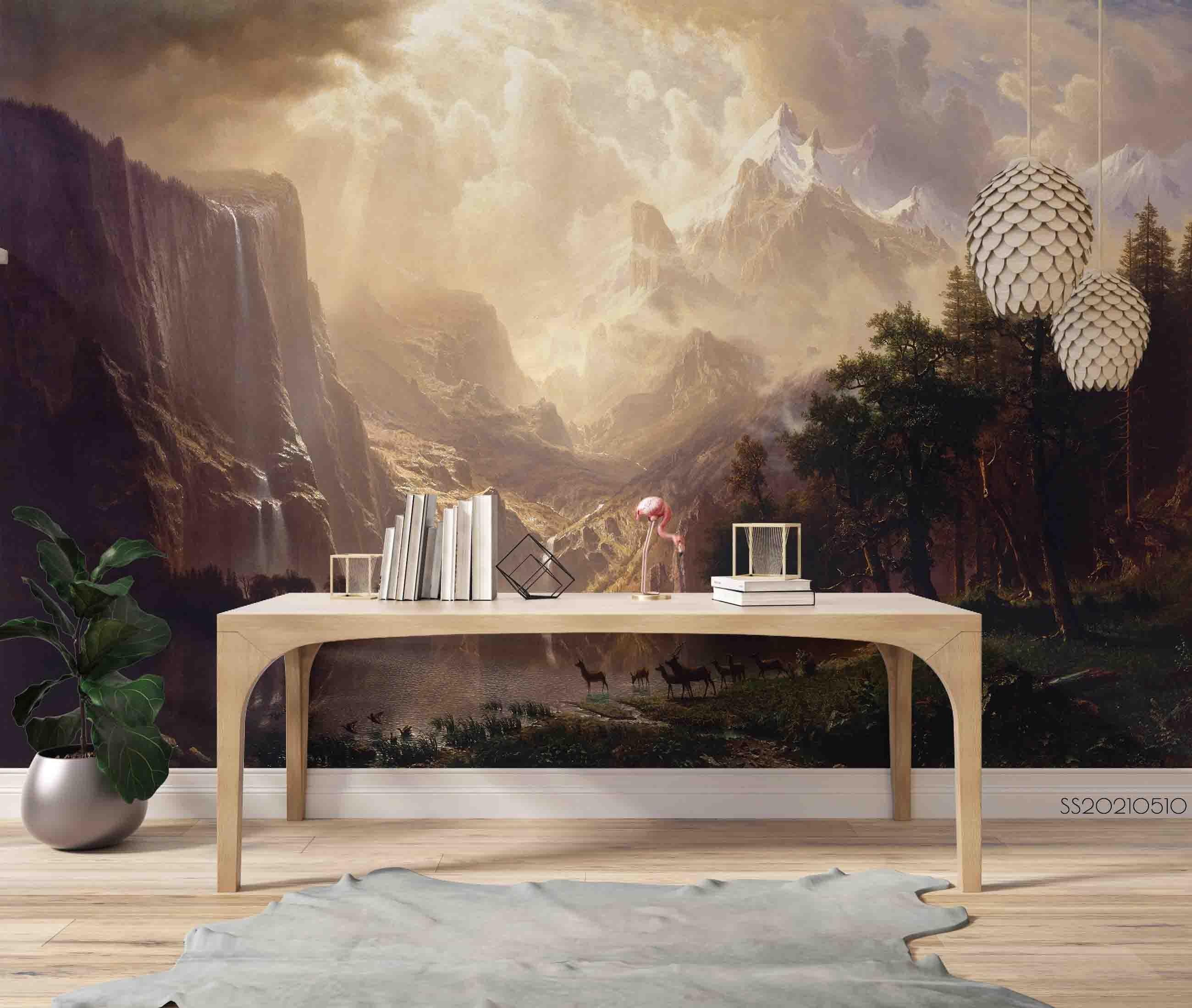 3D Nature Mountain Valley golden mountain valley landscape wall mural wallpaper for living room - view 3