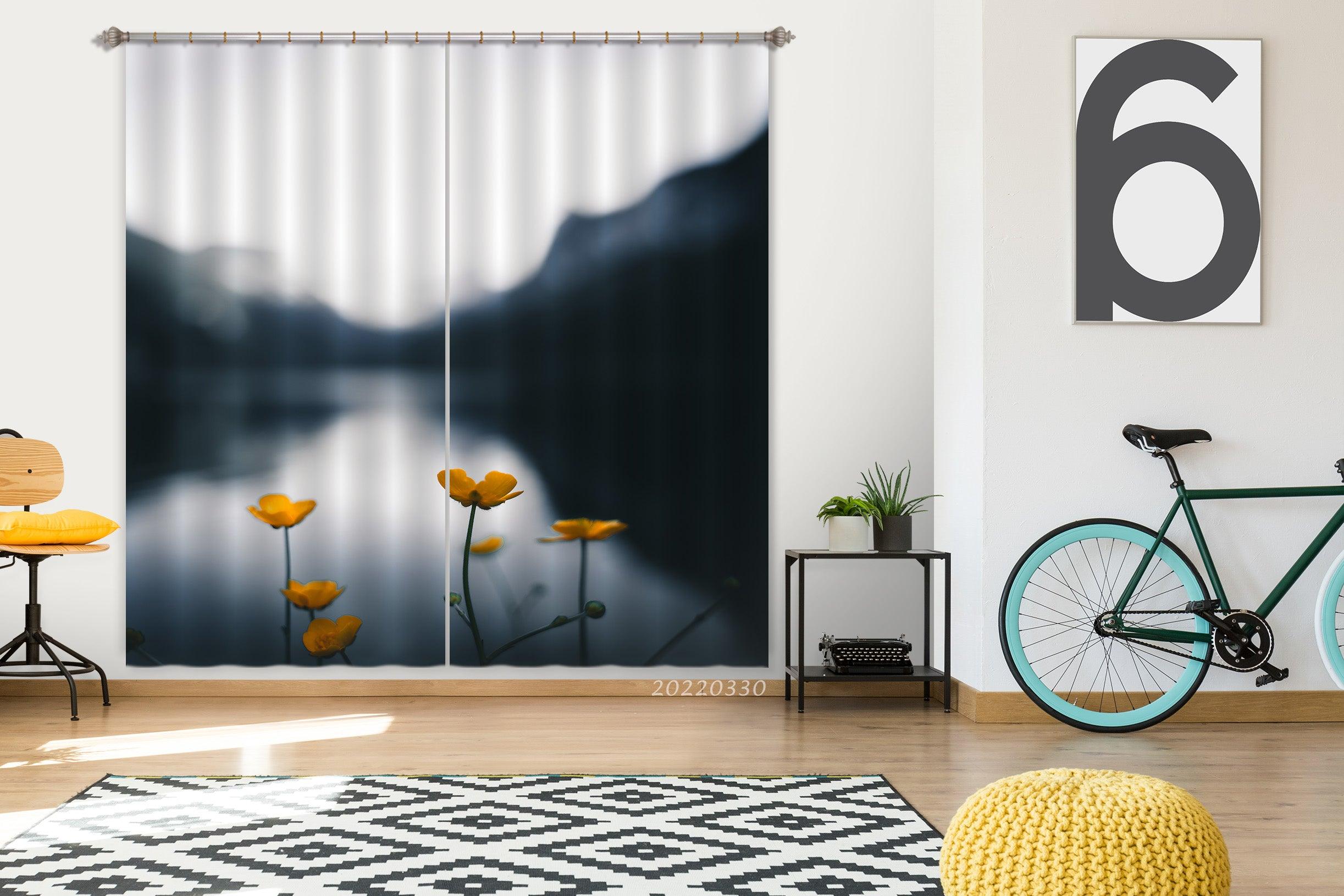 3D Yellow Flower Lake Mountain Curtains and Drapes GD 3589- Jess Art Decoration