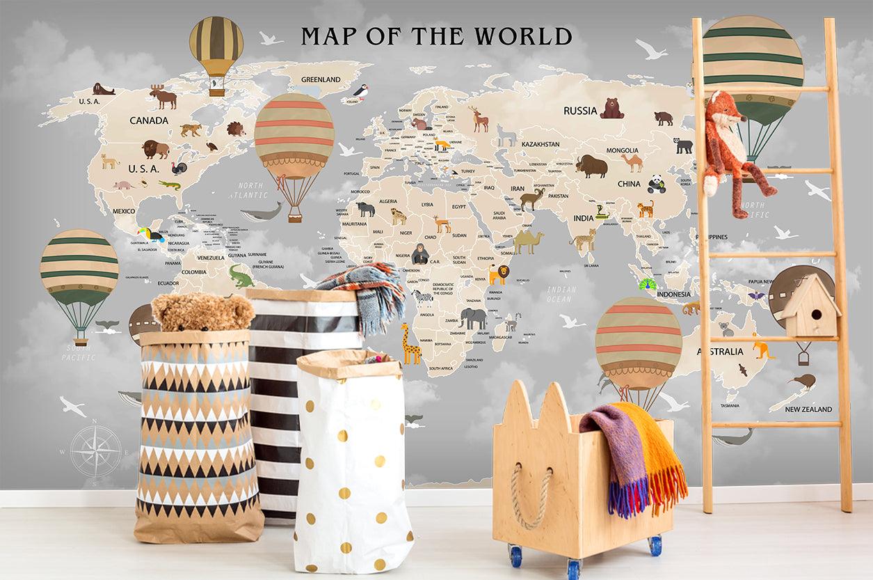 3D Cartoon Grey World Map Wall Mural Wallpaper LQH 16- Jess Art Decoration