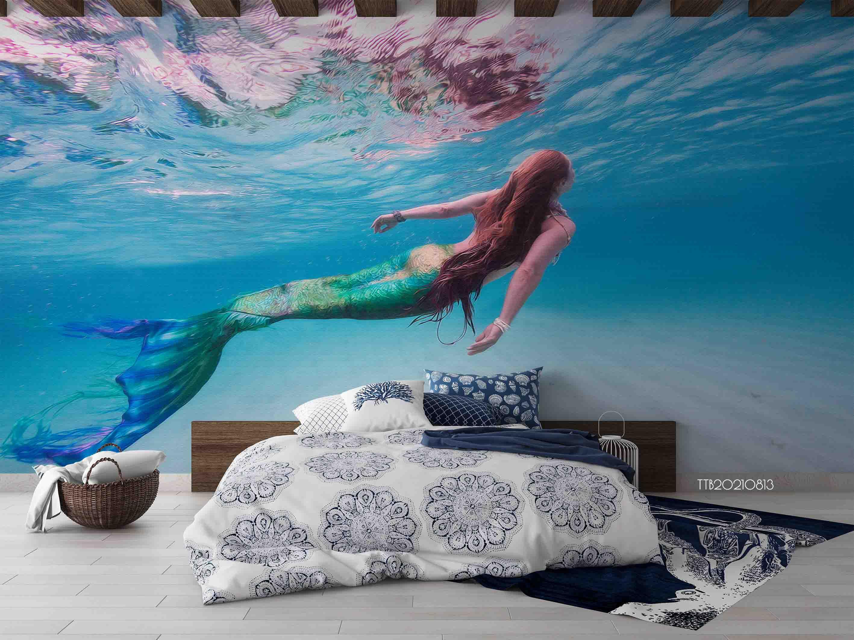 3D Hand-painted Blue Oceans Mermaid Wall Mural Wallpaper SWW5091- Jess Art Decoration
