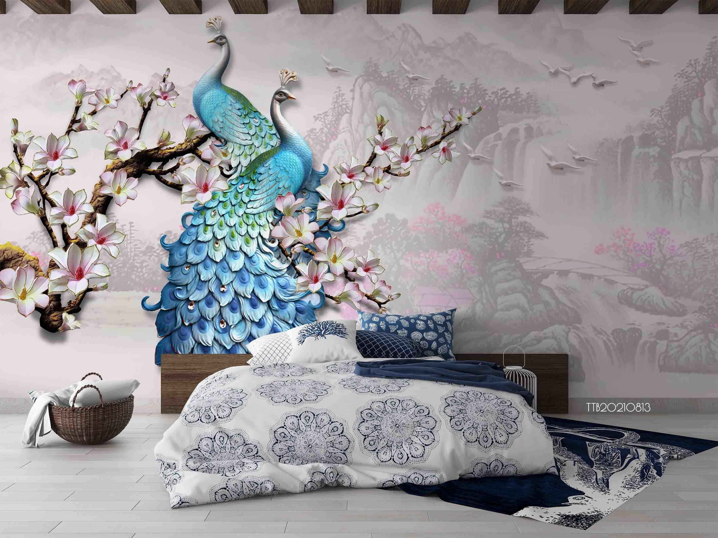 3D Chinese Style Blue Peacock Wall Mural Wallpaper SWW5129- Jess Art Decoration