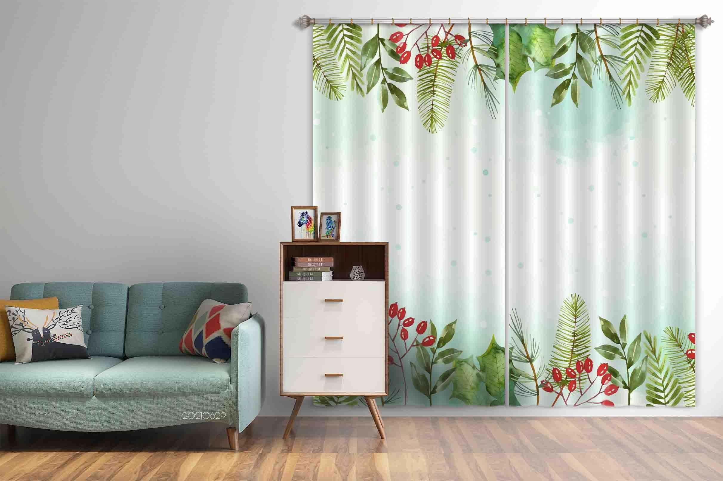 3D Watercolor Plant Leaf Green Fruit Curtains and Drapes LLL 346- Jess Art Decoration