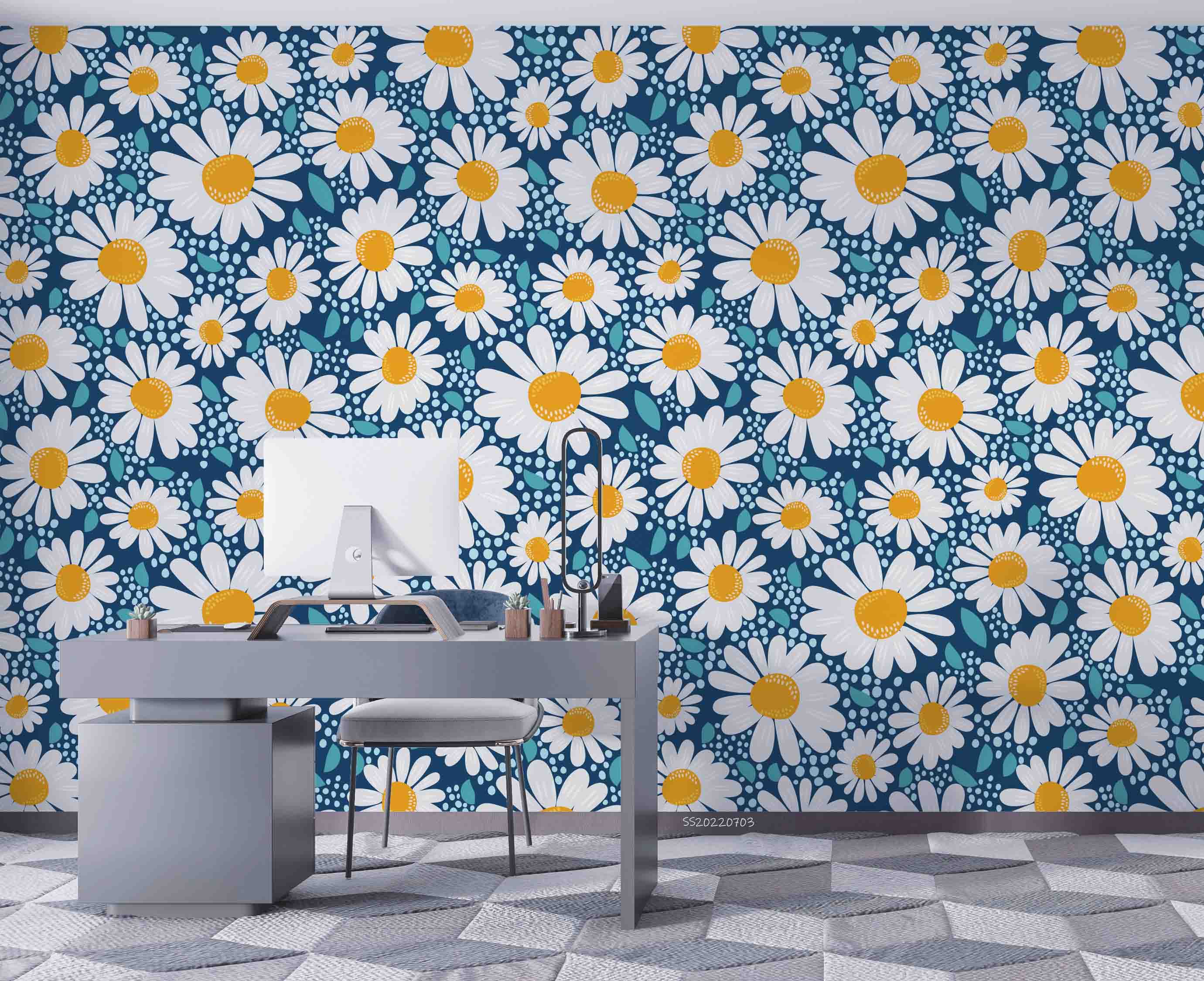 3D Daisy Floral Pattern Blue Background Wall Mural Wallpaper GD 1042- Jess Art Decoration