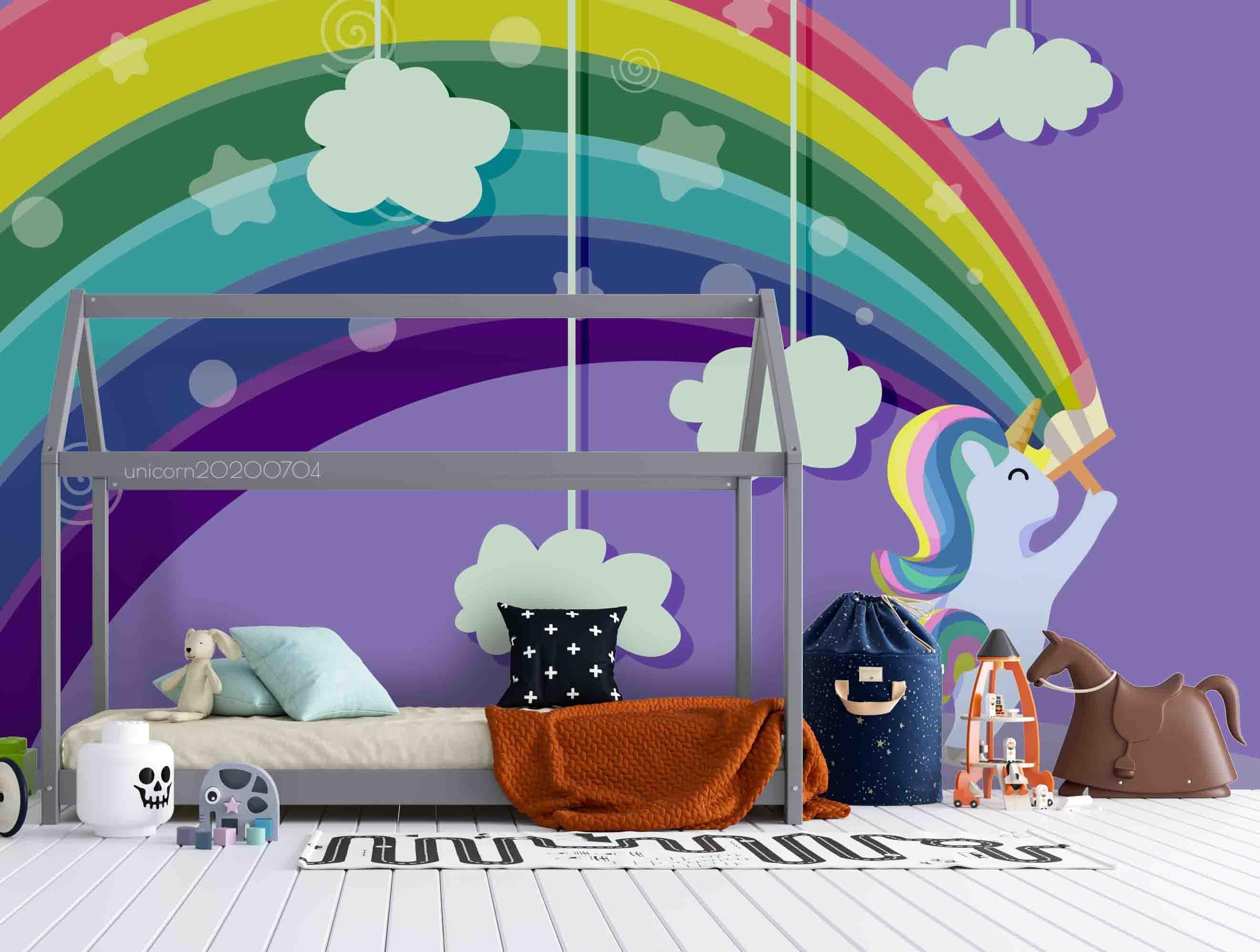 3D Cartoon Unicorn Purple Rainbow Wall Mural Wallpaper A051 LQH- Jess Art Decoration