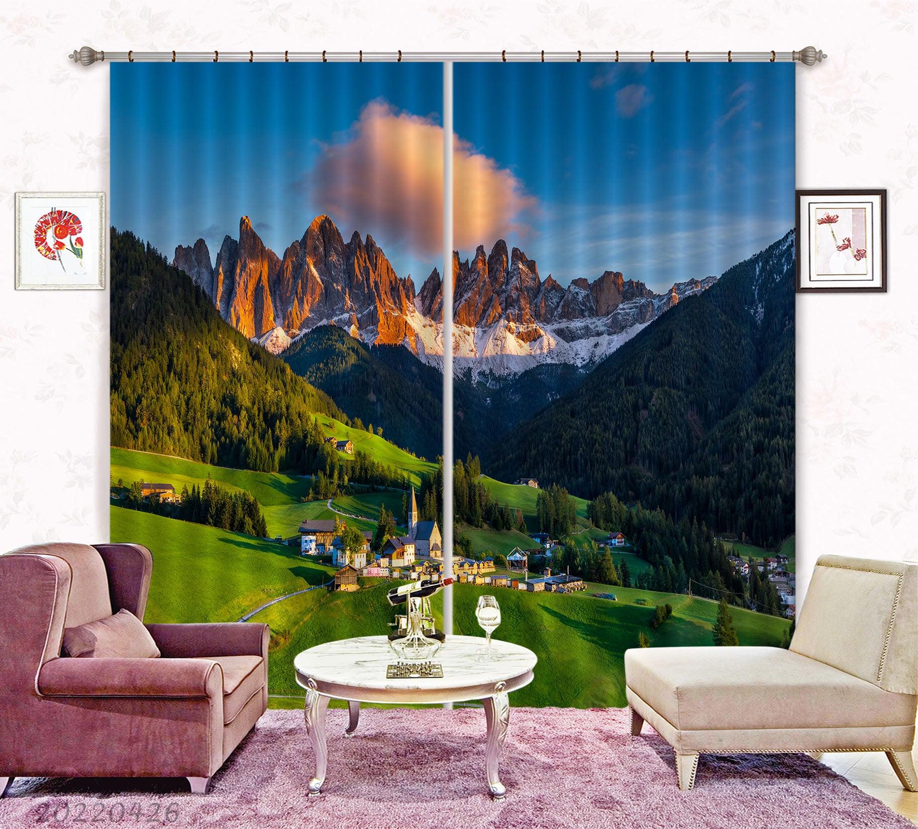 3D Landscape Mountain Green Woods Meadow Town Curtains and Drapes GD 4864- Jess Art Decoration
