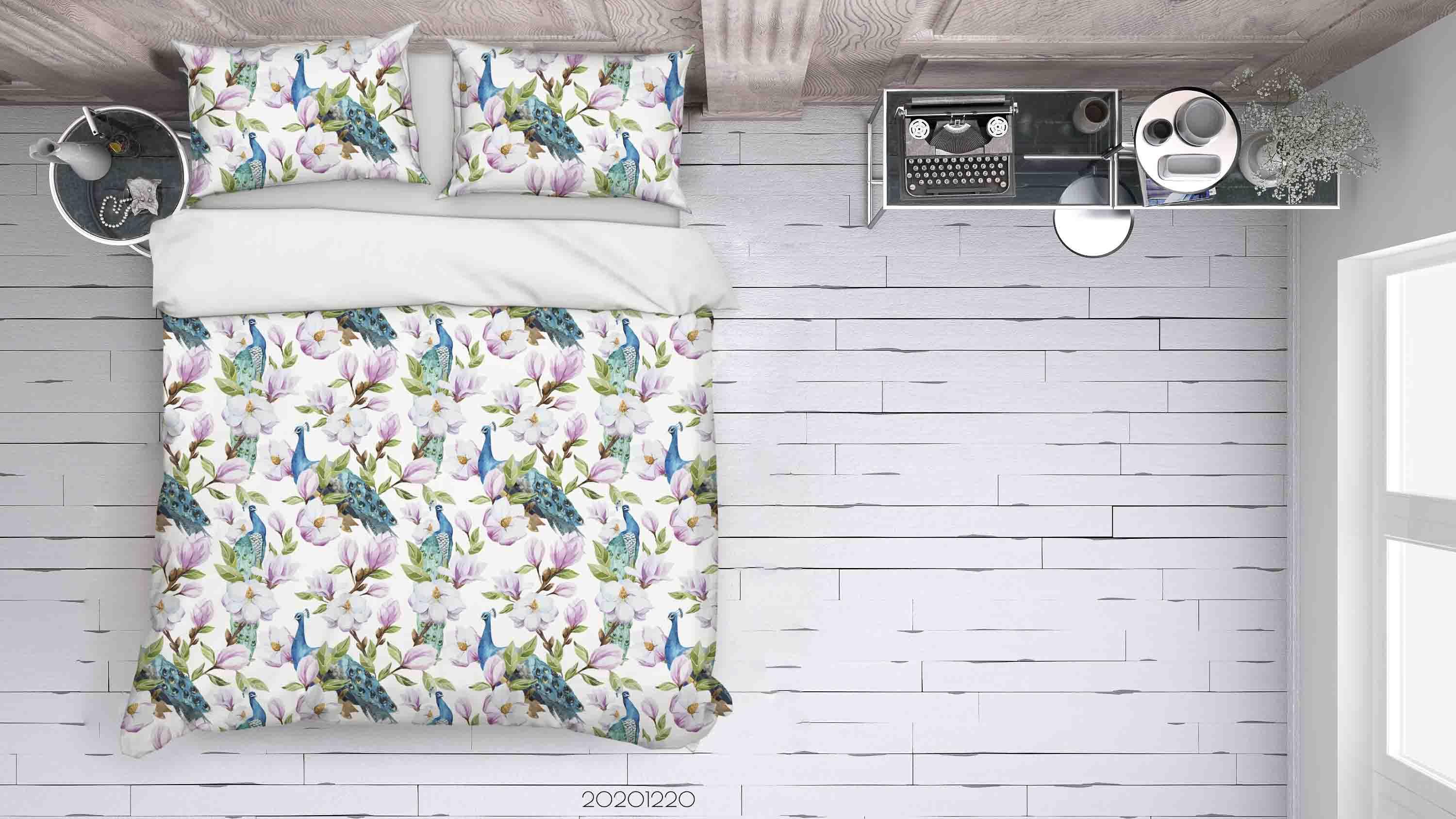 3D Watercolor Animal Peacock Floral Quilt Cover Set Bedding Set Duvet Cover Pillowcases 65- Jess Art Decoration