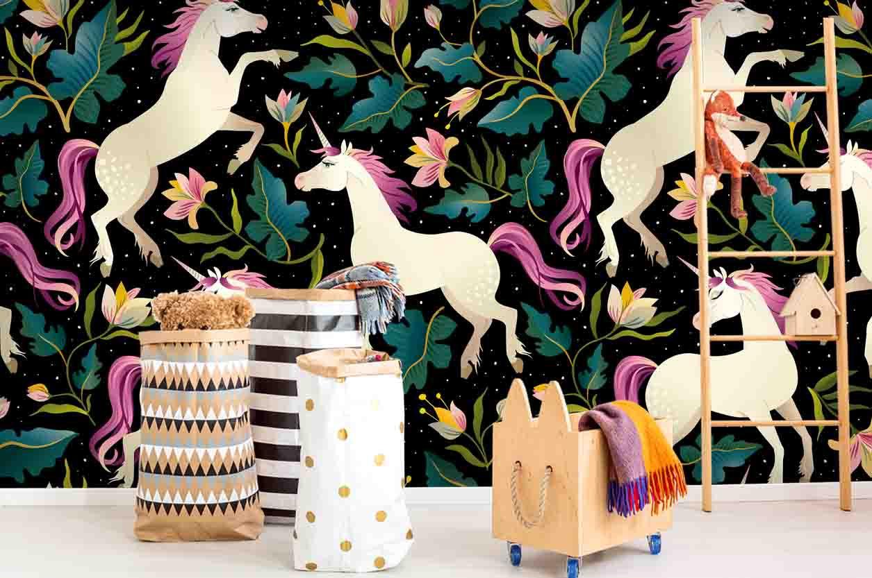 3D Unicorn Floral Pattern Wall Mural Wallpaper 71- Jess Art Decoration