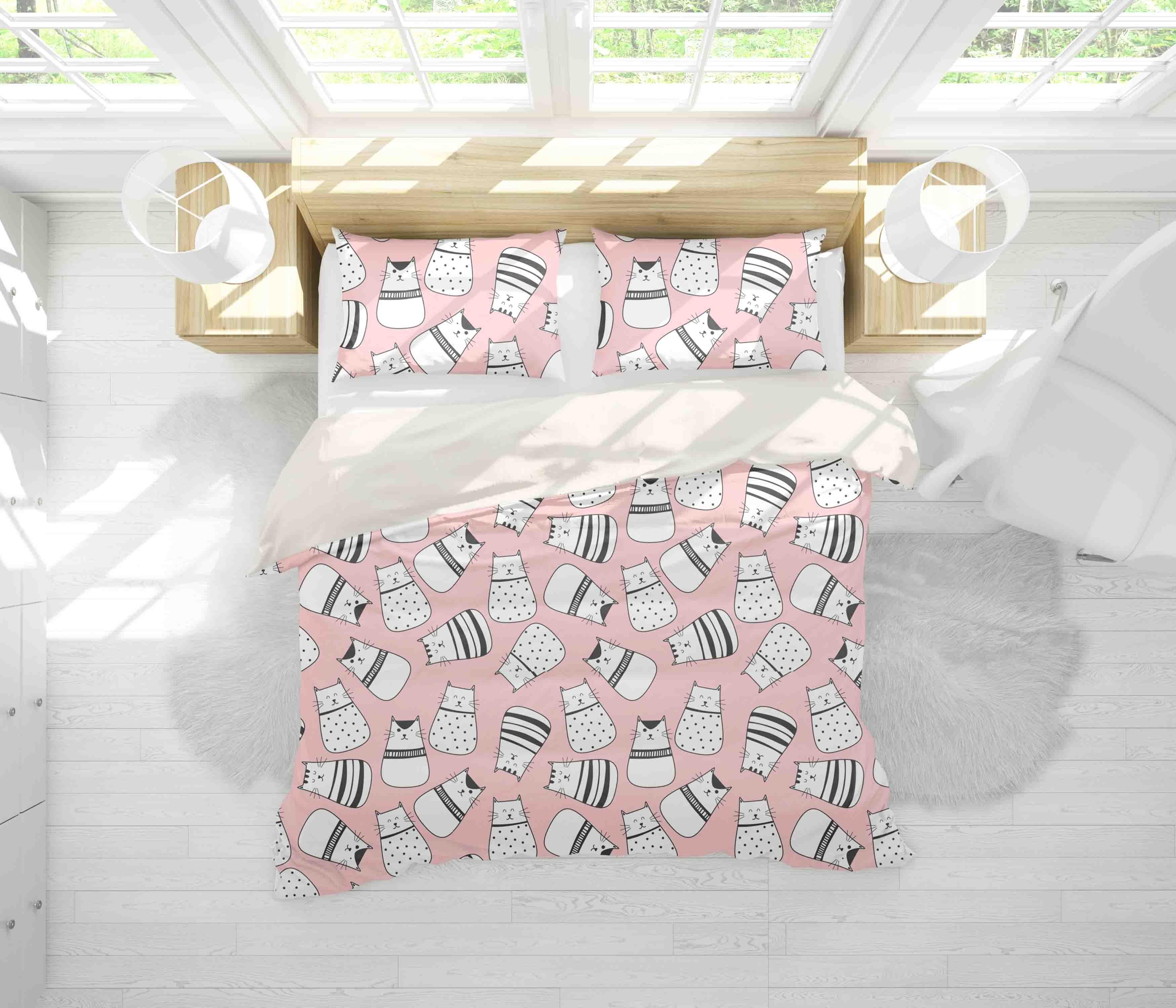 3D Pink Cat Kitty Quilt Cover Set Bedding Set Pillowcases 18- Jess Art Decoration