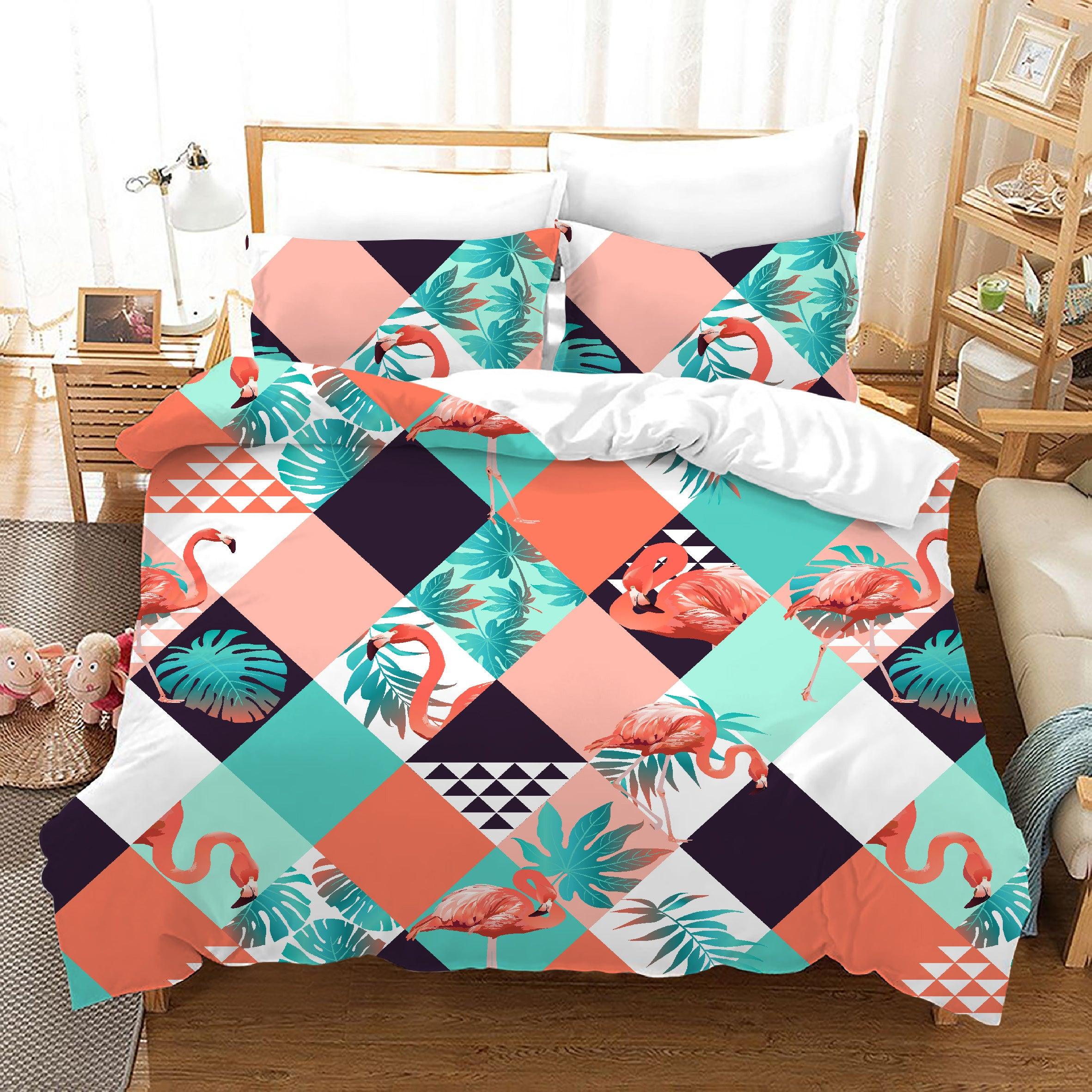 3D Abstract Colorful Geometric Flamingo Quilt Cover Set Bedding Set Duvet Cover Pillowcases 152- Jess Art Decoration