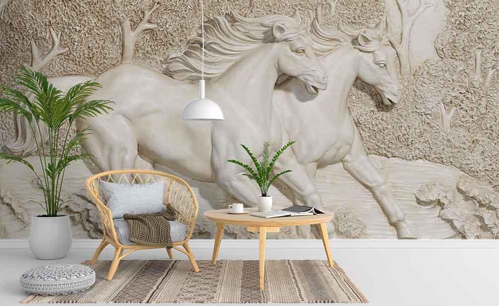3D White Plaster Horse Relief Wall Mural Wallpaper 239- Jess Art Decoration