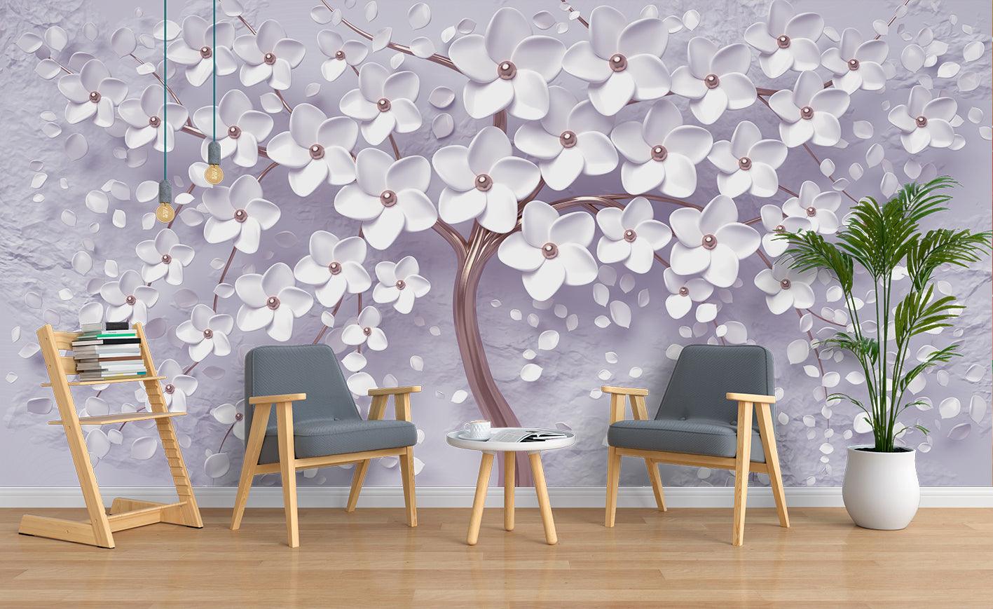 3D White Floral Tree Wall Mural Wallpaper 25- Jess Art Decoration