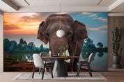 3D Tropics Elephant River Sunset Wall Mural Wallpaper SWW785- Jess Art Decoration